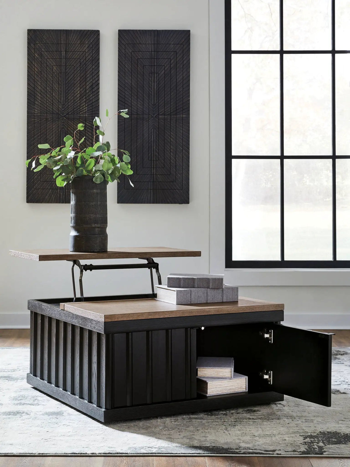 Rylandyn Lift Top Cocktail Table | Black And Light Brown | 36 Inch Square | Door Storage