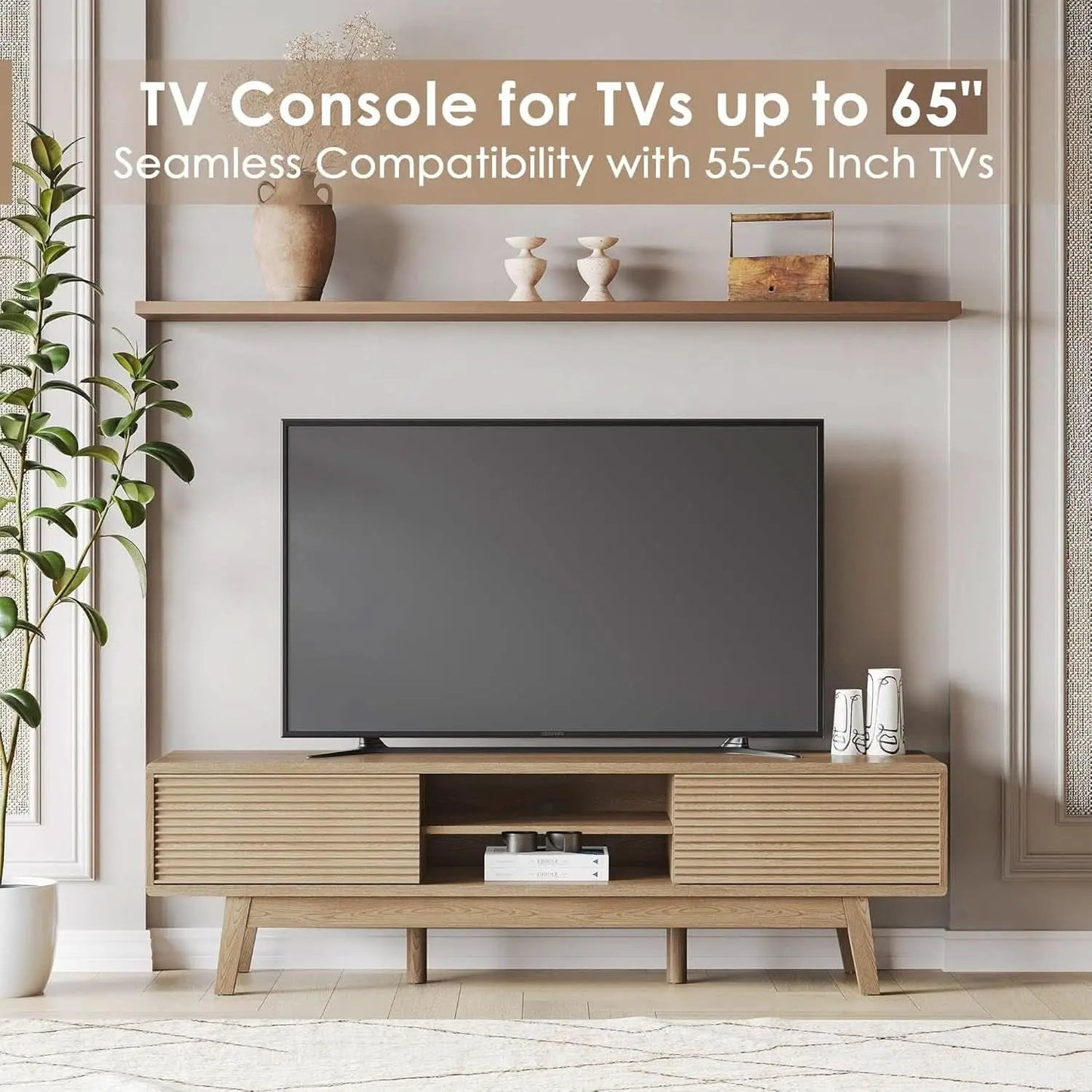 59 Inch Mid Century Modern TV Console Fluted Doors from PriceLows™