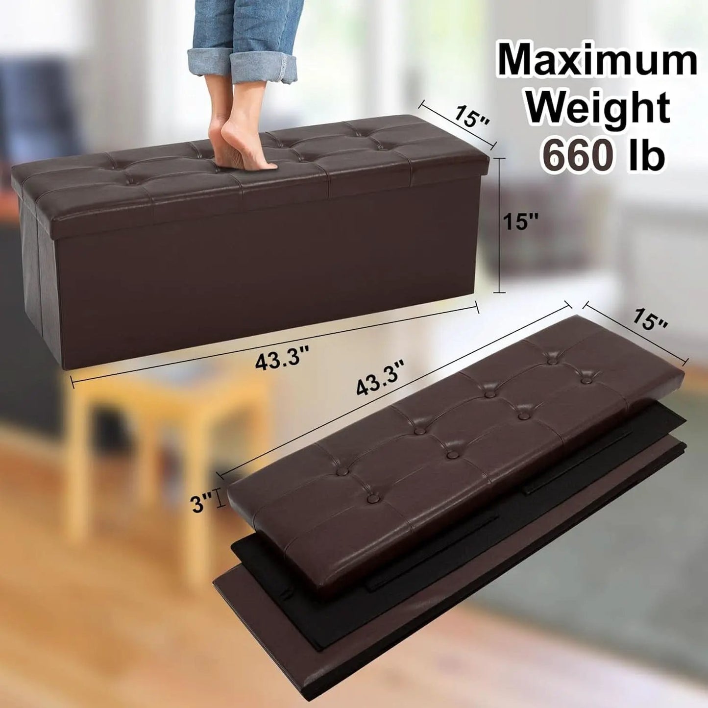 Forty Three Inches Folding Storage Ottoman Bench Brown Leather from PriceLows™