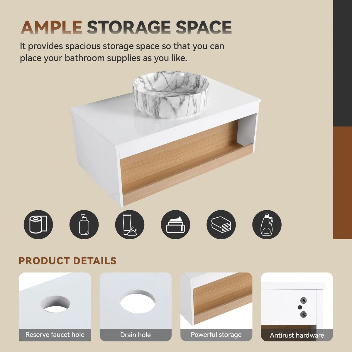 Floating Bathroom Vanity | Wall Mounted | Ceramic Vessel Sink | White
