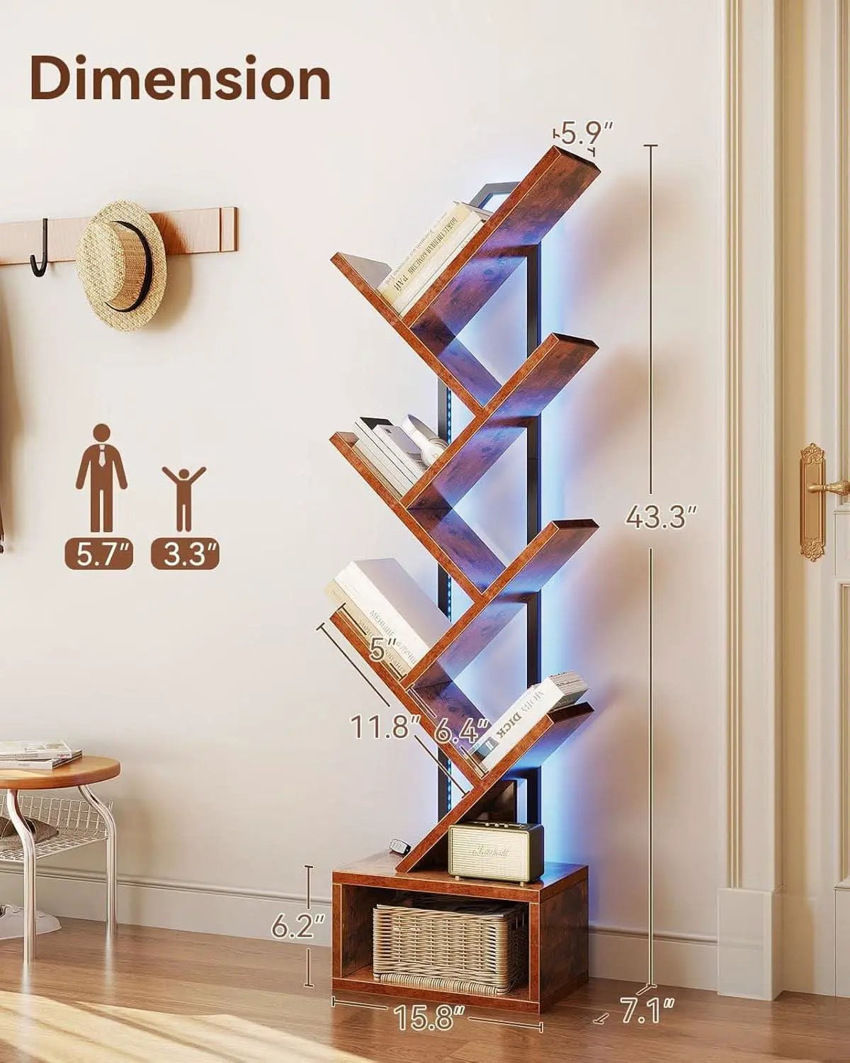 Six Tier Tree Bookshelf With LED Lights Narrow Floorstanding from PriceLows™