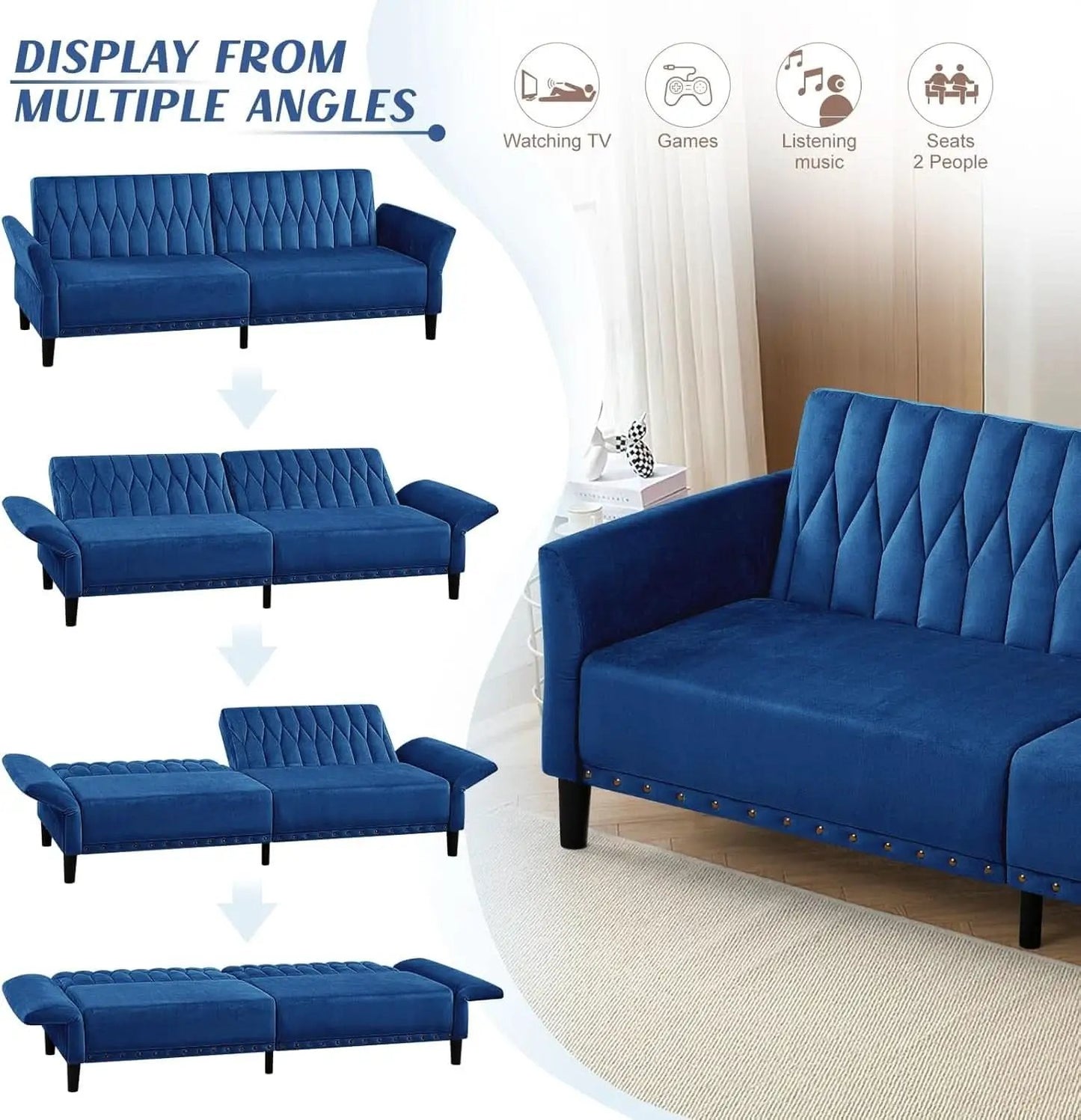 77Inch Velvet Convertible Sofa Bed Featuring Armrests from PriceLows™