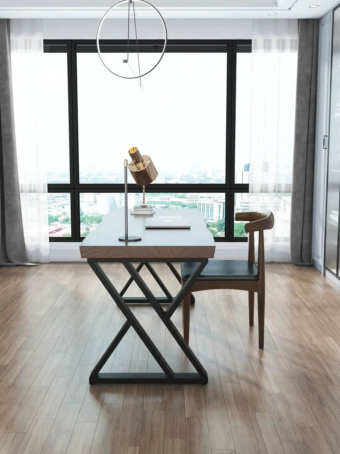 Solid Wood Desk Fifty Five Inch Wide Matte Brown Rustic Aged Oak from PriceLows™