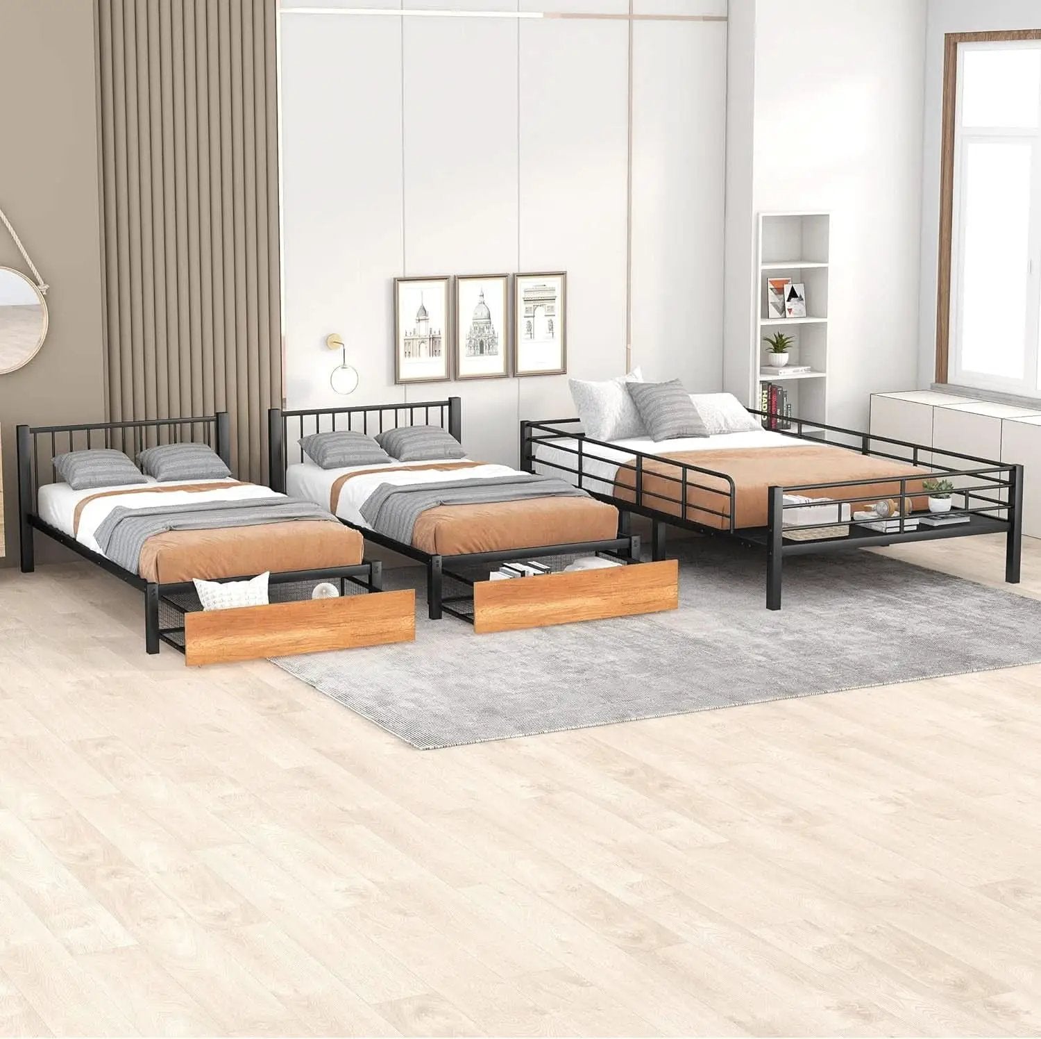 Black Metal Triple Bunk Bed With Drawers Full Over Twin Bunk Beds from PriceLows™
