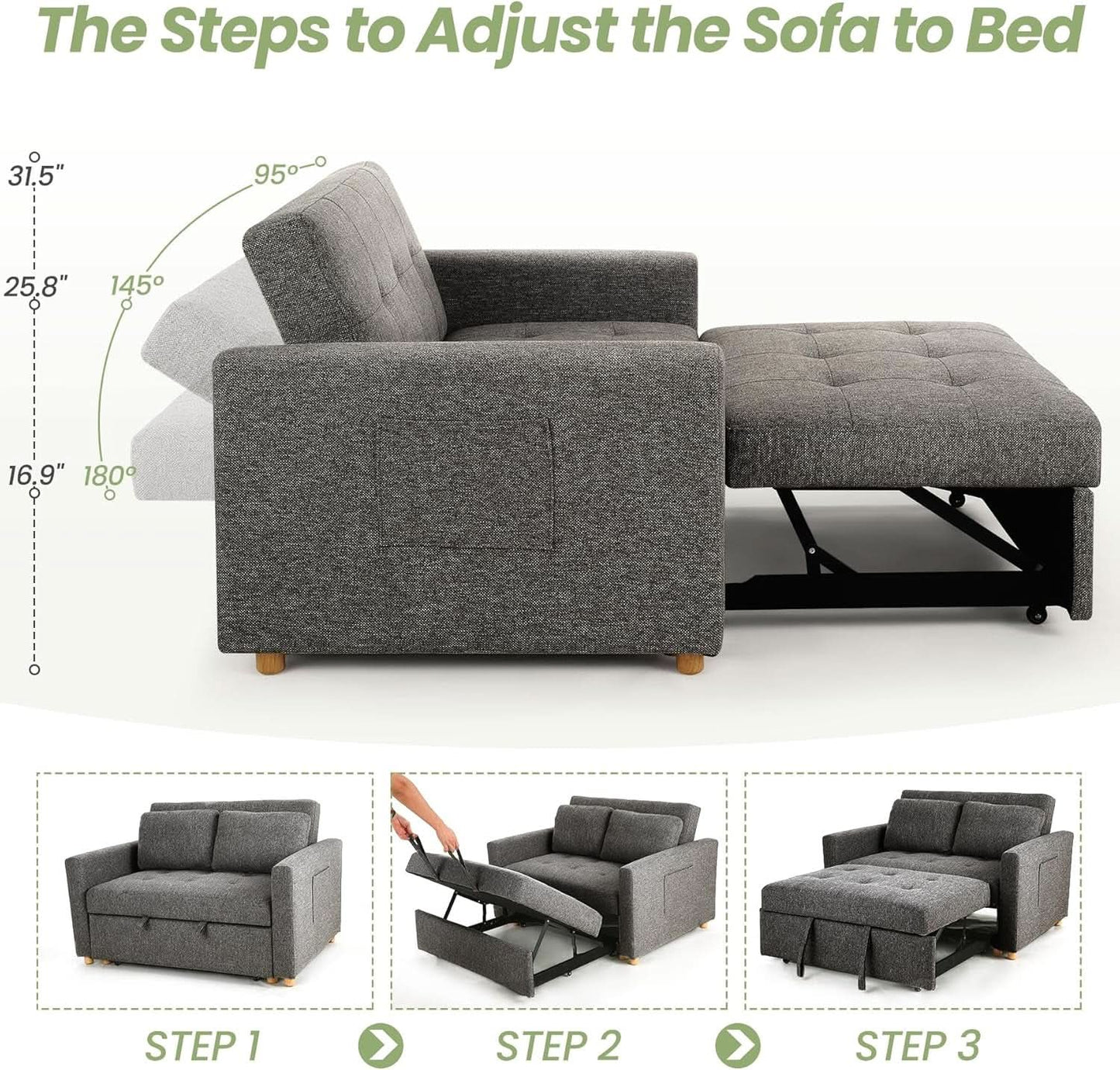 Sleeper Sofa Bed, 3-In-1 Convertible Sofa Chair, Linen Fabric Pull Out Couch Bed, Loveseat Sleeper with Spring Support, Adjustable Backrest, 2 Seater Recliner Chair for Small Space, Dark Grey from PriceLows™