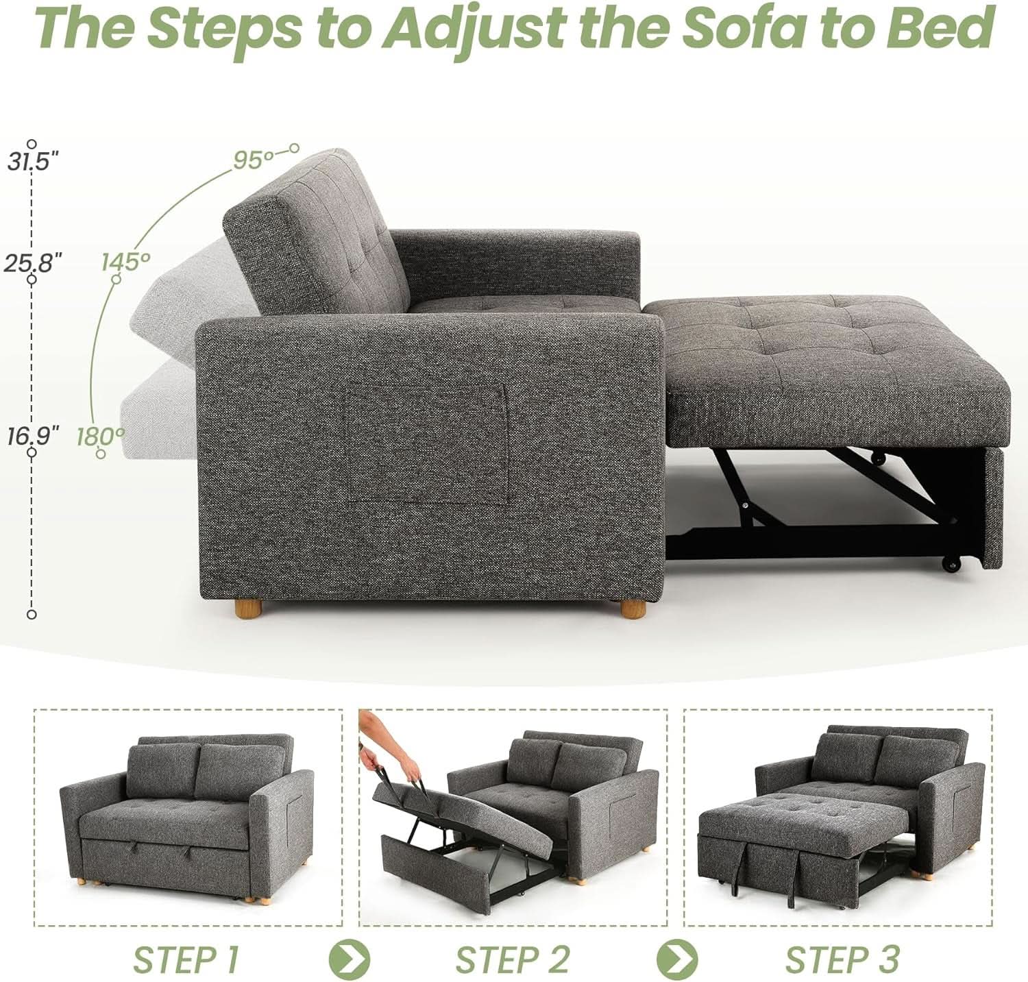 Sleeper Sofa Bed, 3-In-1 Convertible Sofa Chair, Linen Fabric Pull Out Couch Bed, Loveseat Sleeper with Spring Support, Adjustable Backrest, 2 Seater Recliner Chair for Small Space, Dark Grey from PriceLows™