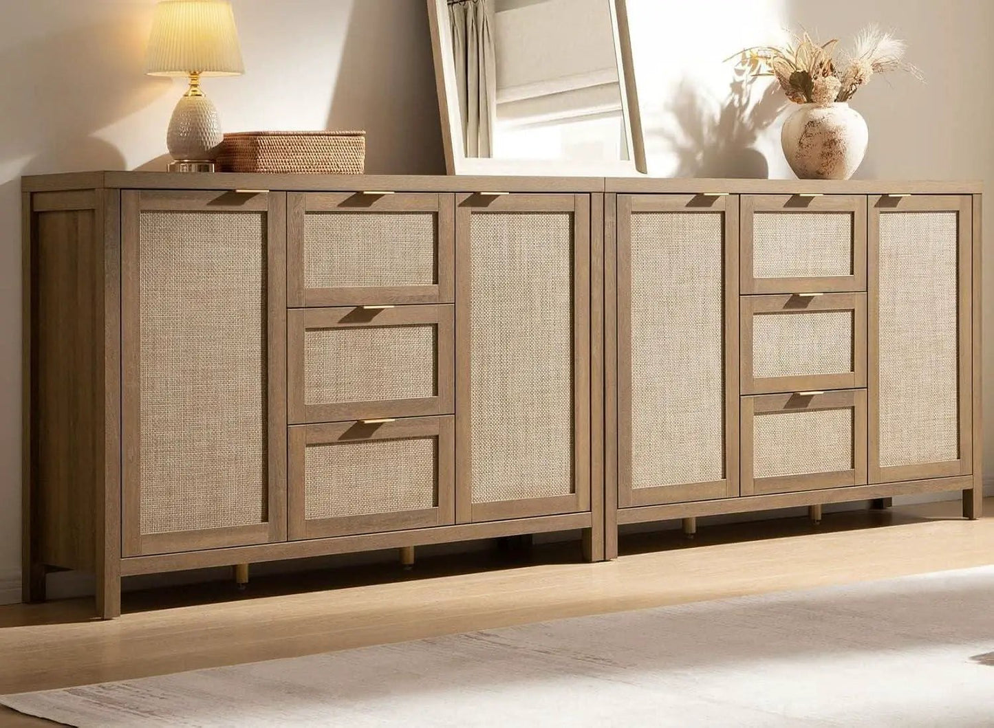 Caramel Oak Rattan Large Sideboard Buffet Storage Cabinet from PriceLows™