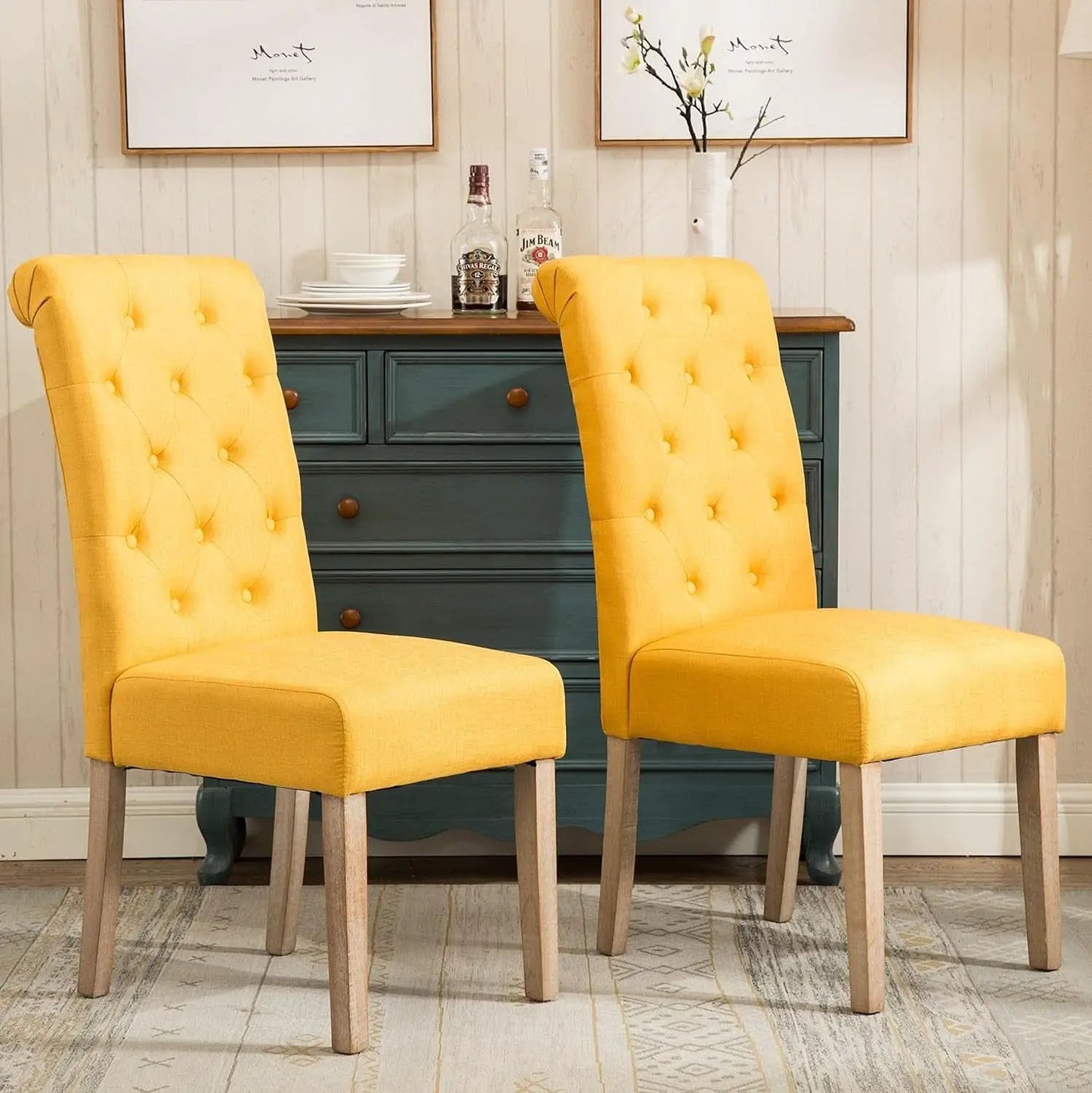 Solid Wood Tufted Parsons Yellow Dining Chair Set Of 2 from PriceLows™