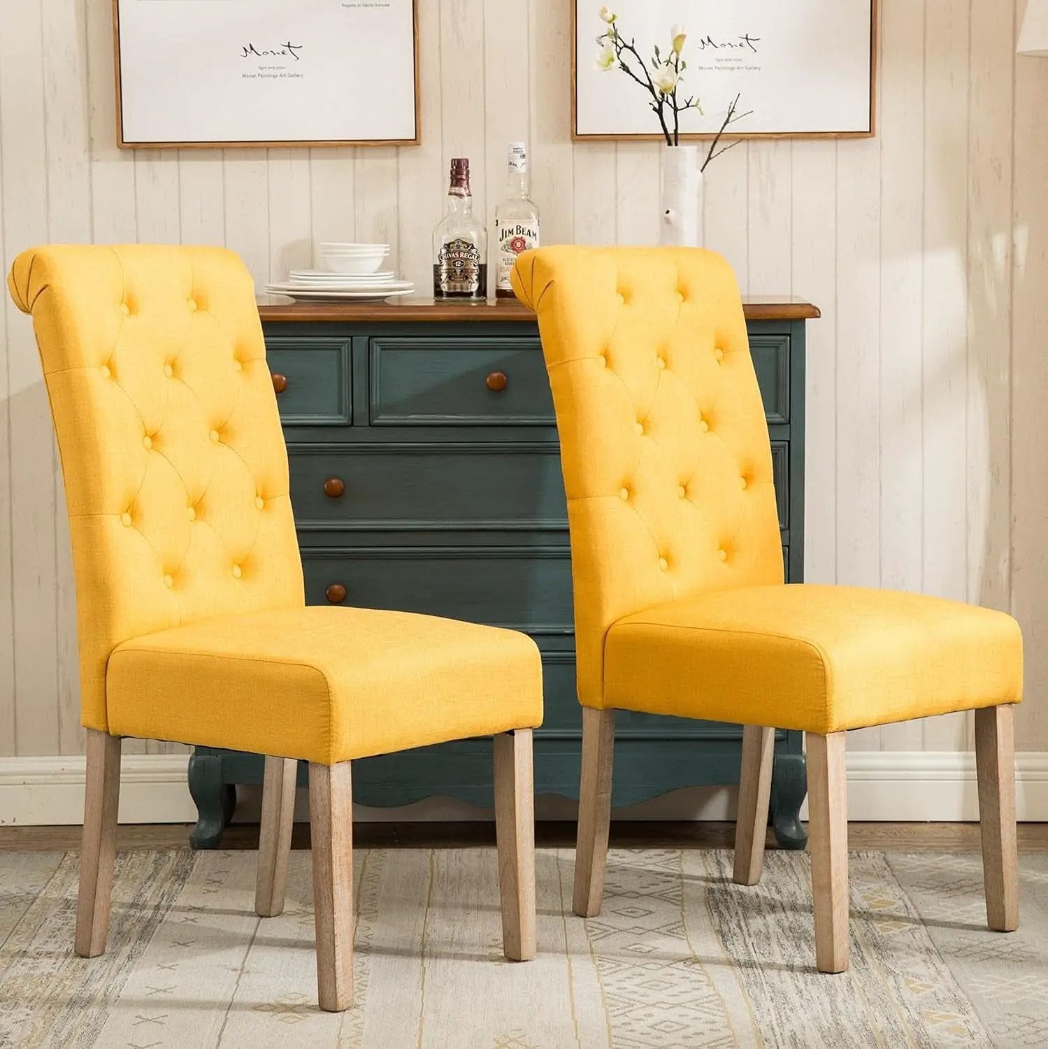Solid Wood Tufted Parsons Yellow Dining Chair Set Of 2 from PriceLows™