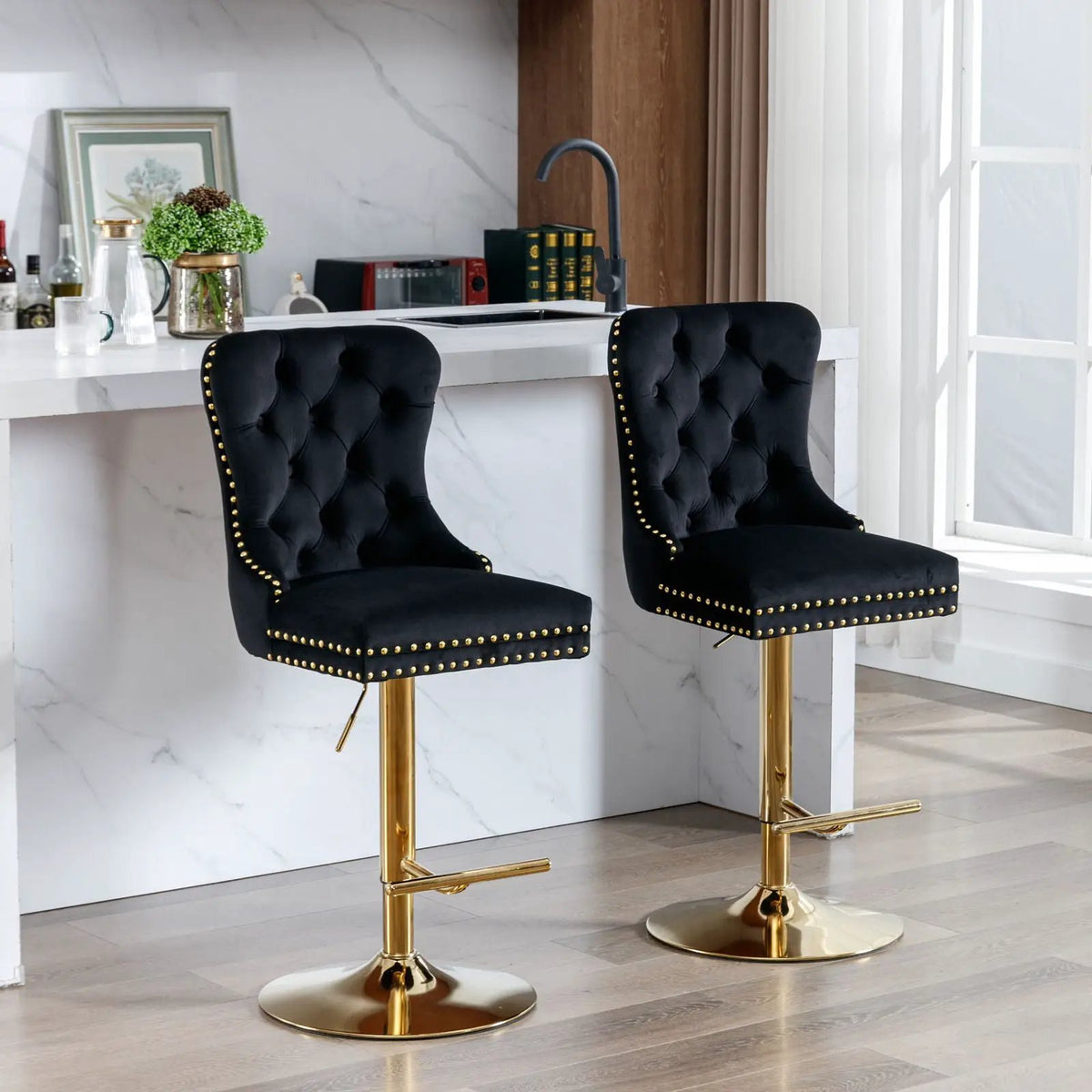 Swivel Barstools | Set Of 2 | Adjustable 25-33 Inch Seat Height | Tufted Back Upholstery