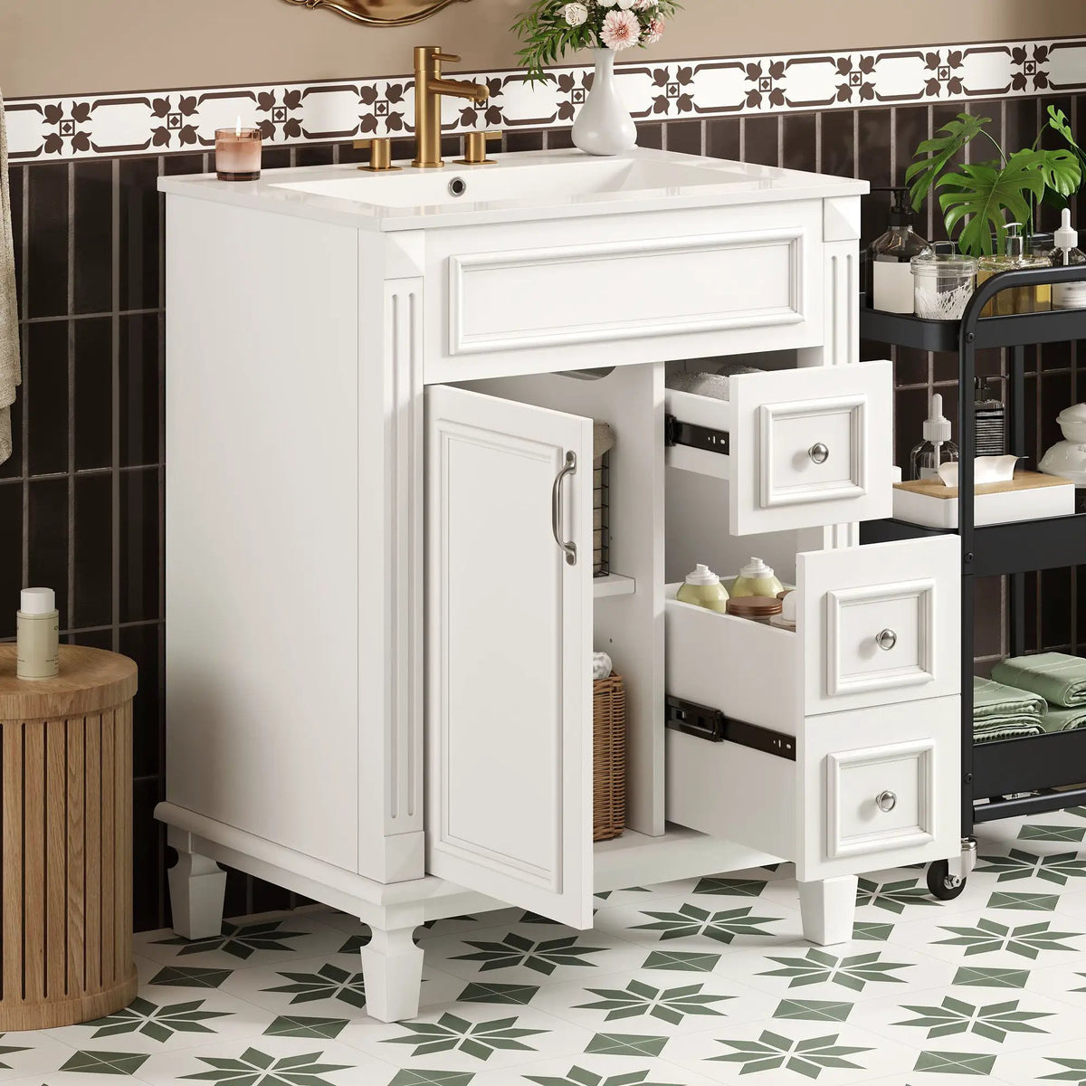 24 Inch Compact Bathroom Vanity | 2 Deep Drawers | Adjustable Shelf | Retro Button Handles