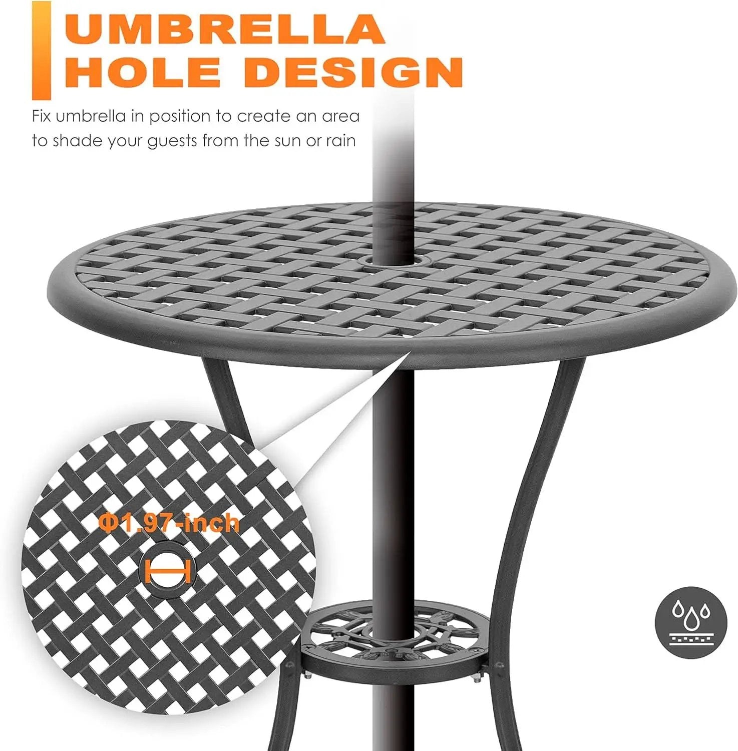Outdoor Cast Aluminum Bistro Set 3 Piece With Umbrella Hole Gray Cushions from PriceLows™