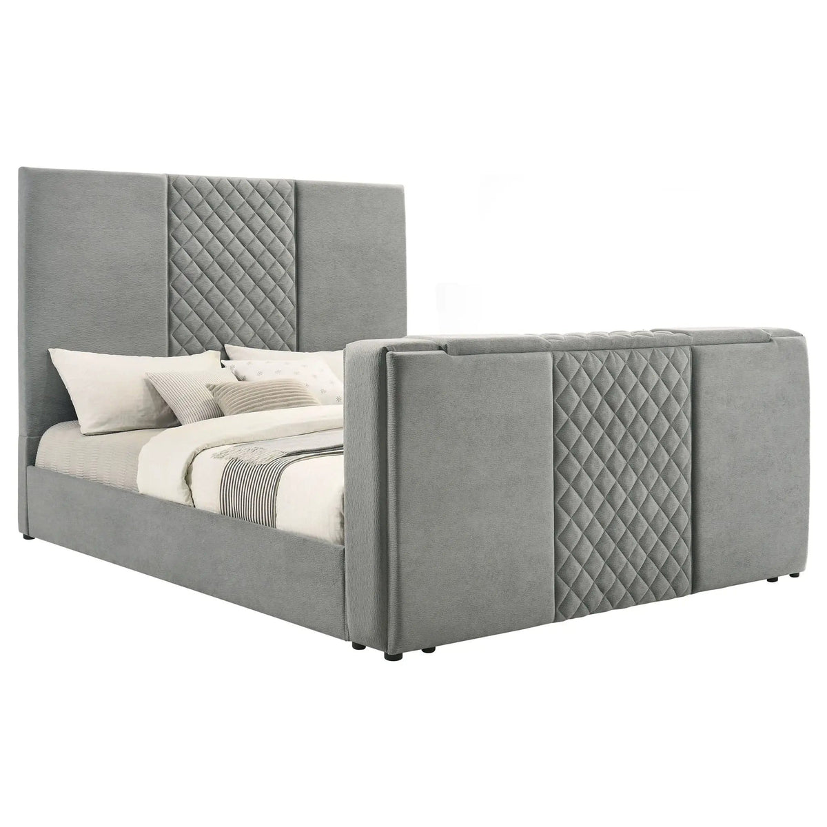 Tara 61-inch Upholstered Eastern King Panel TV Bed | 79.25 x 95.25 x 60.75 in | Velvet & Wood | Grey