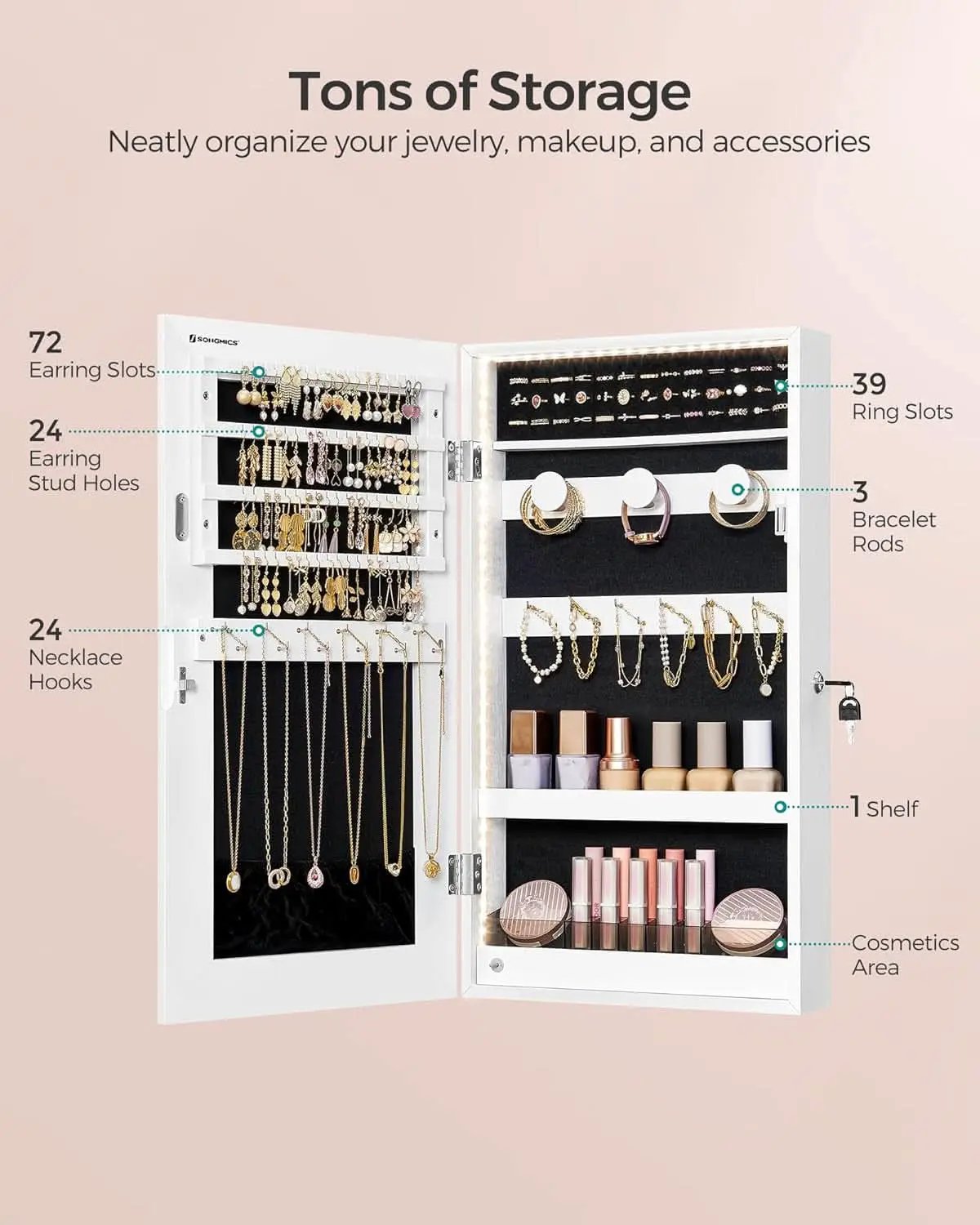 Mirror Jewelry Cabinet Armoire With LED Lights White from PriceLows™