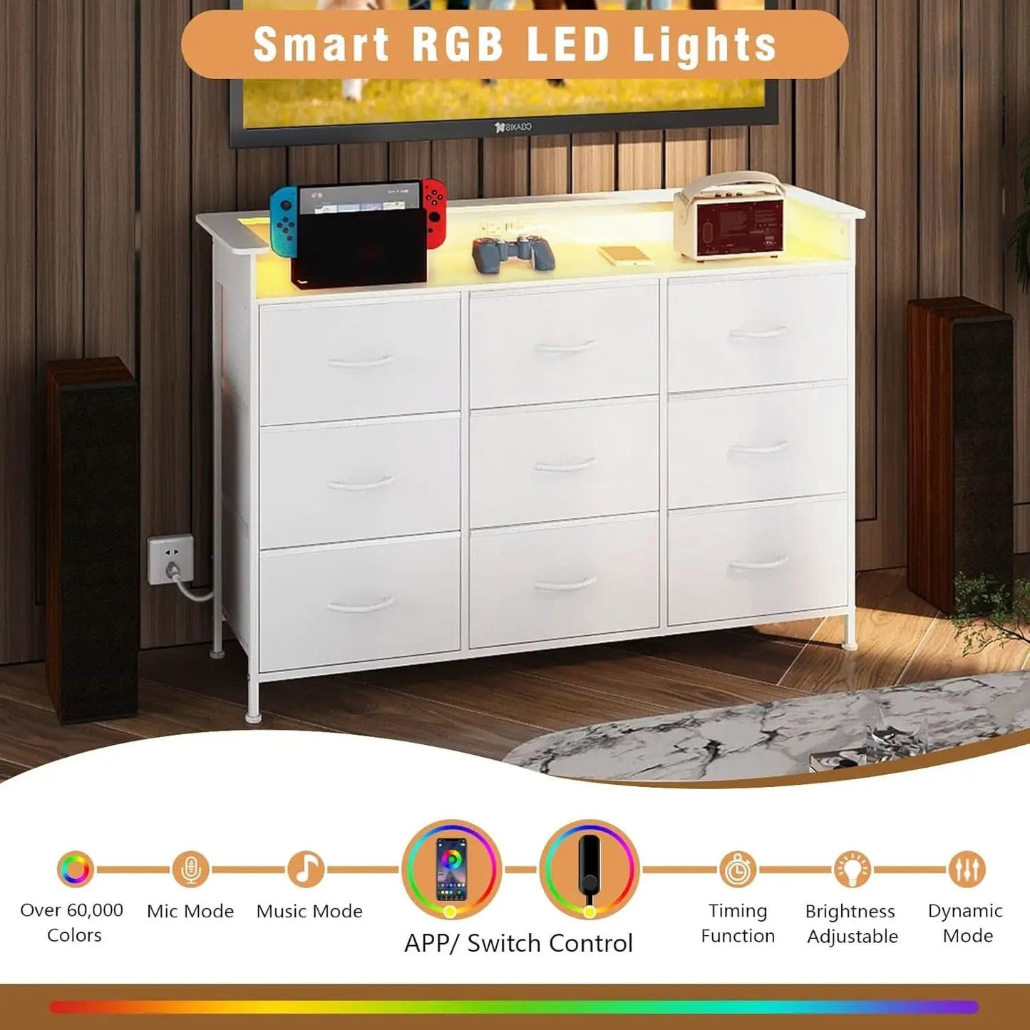 White Dresser With Integrated LED Lighting And Charging from PriceLows™