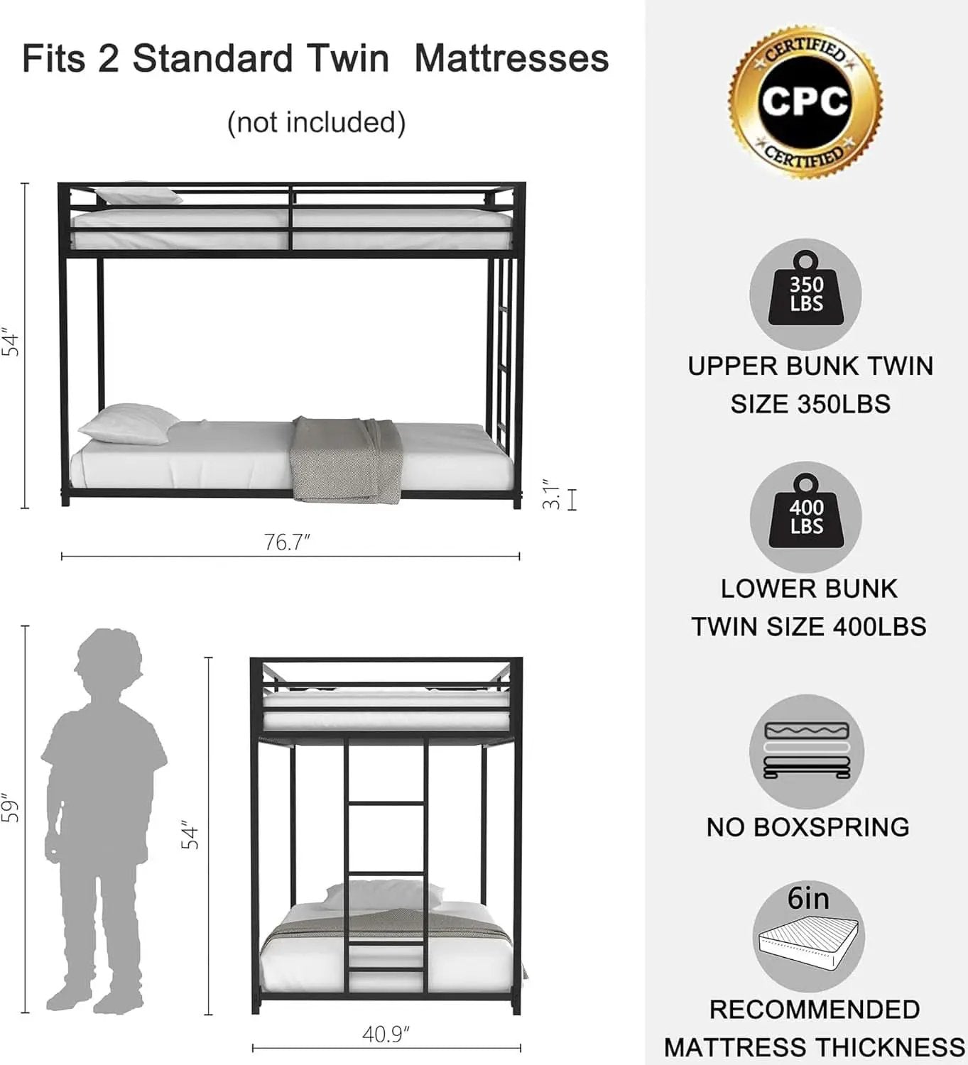 Twin Bunk Bed Black With Stable Ladder For Adults And Teens from PriceLows™