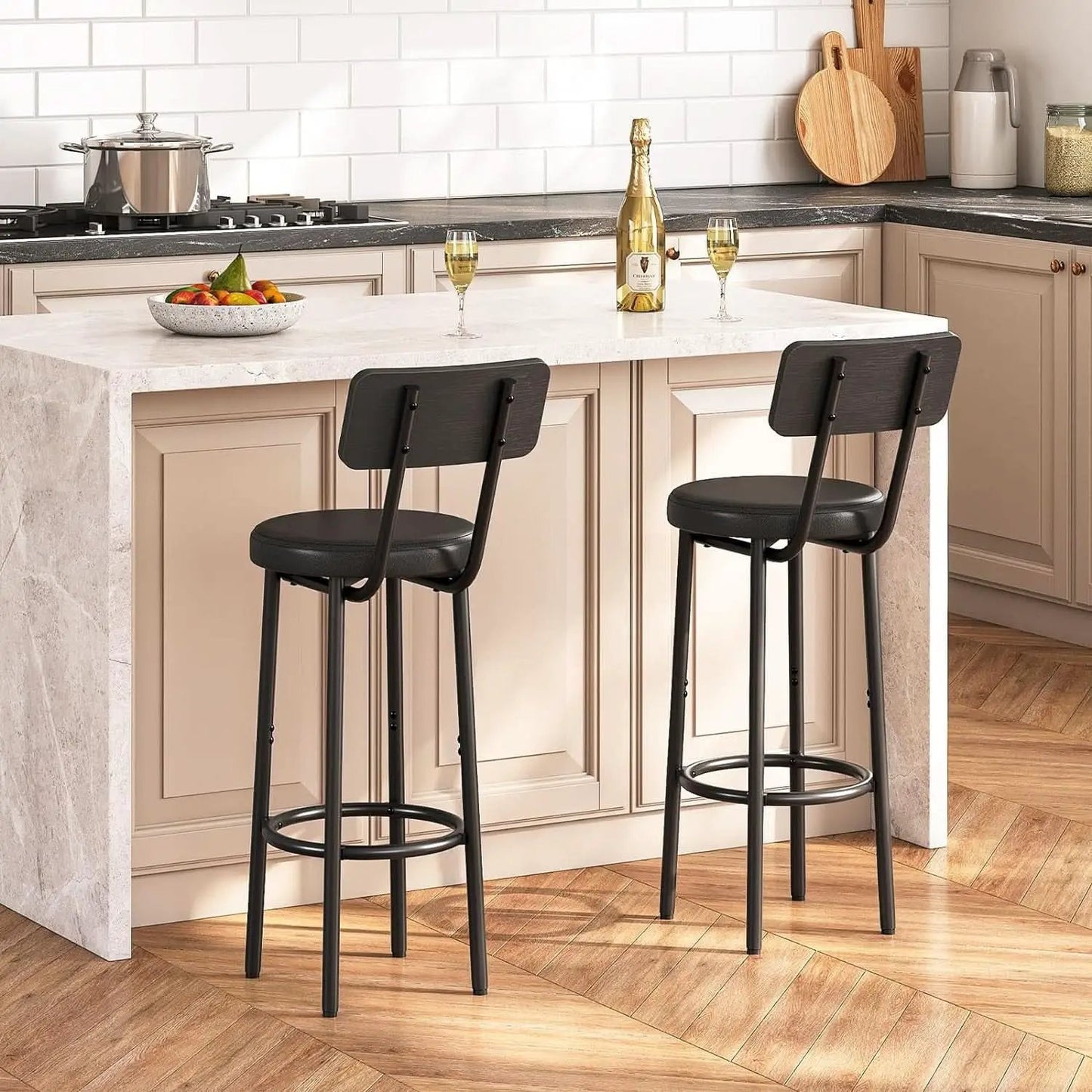 26 Inch Black PU Upholstered Bar Stools Set Of 2 With Back And Footrest from PriceLows™