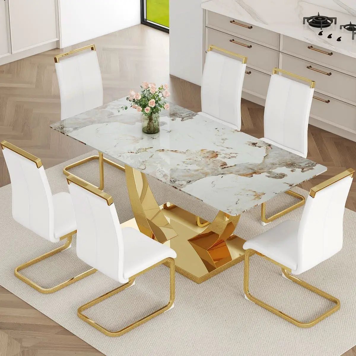71 Inch Faux Marble Dining Table Tempered Glass Top from PriceLows™