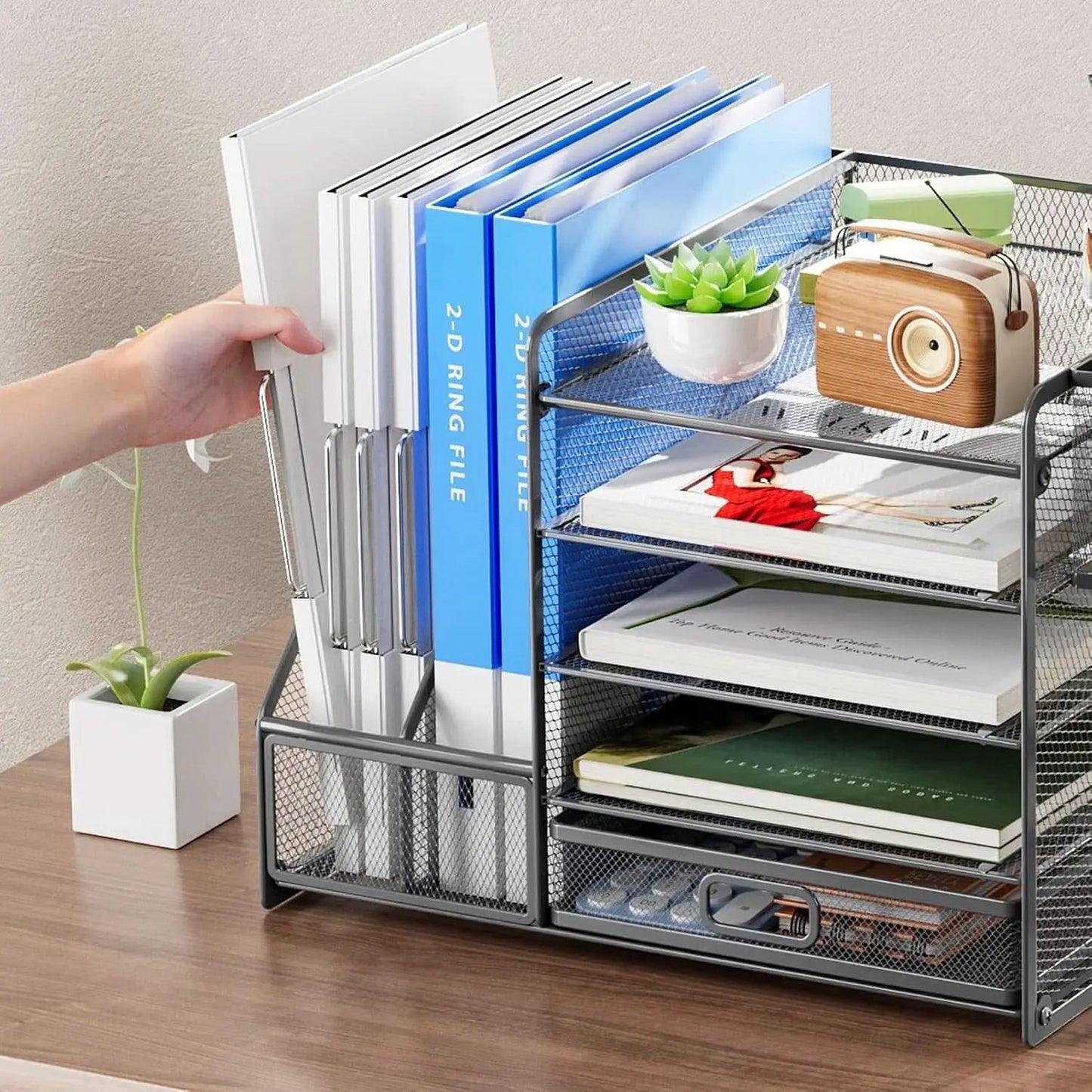 Grey 5 Tier Mesh Desk Organizer With Drawer And File Trays from PriceLows™