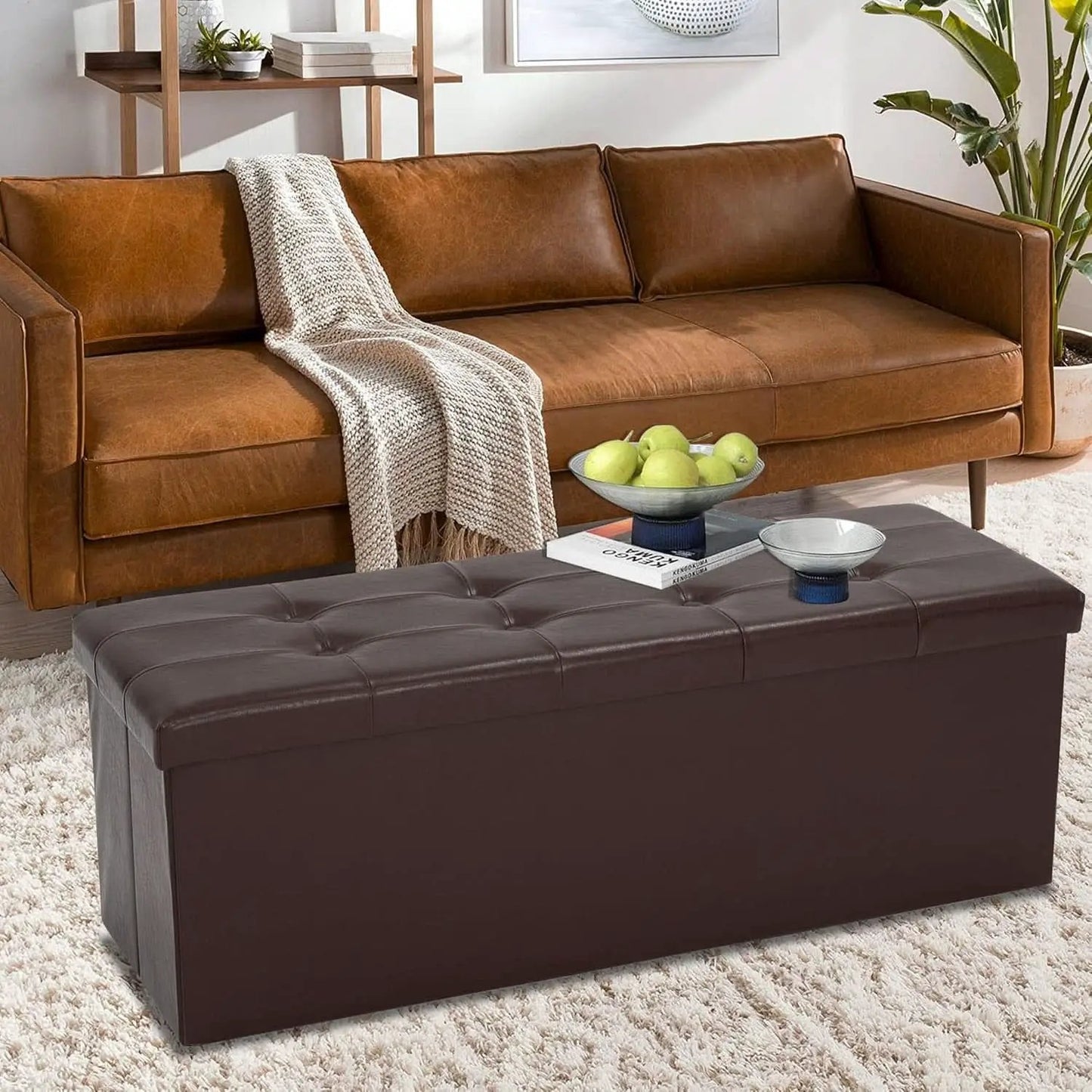 Forty Three Inches Folding Storage Ottoman Bench Brown Leather from PriceLows™