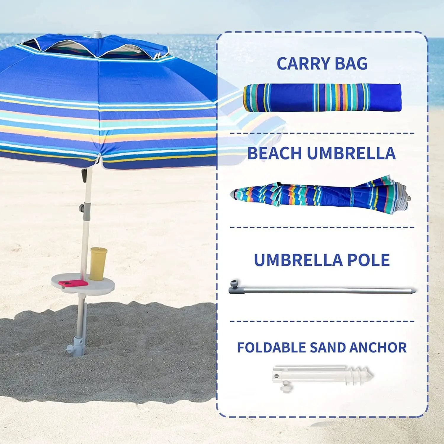 7Ft Heavy Duty Beach Umbrella UV 50 With Sand Anchor Tilt from PriceLows™