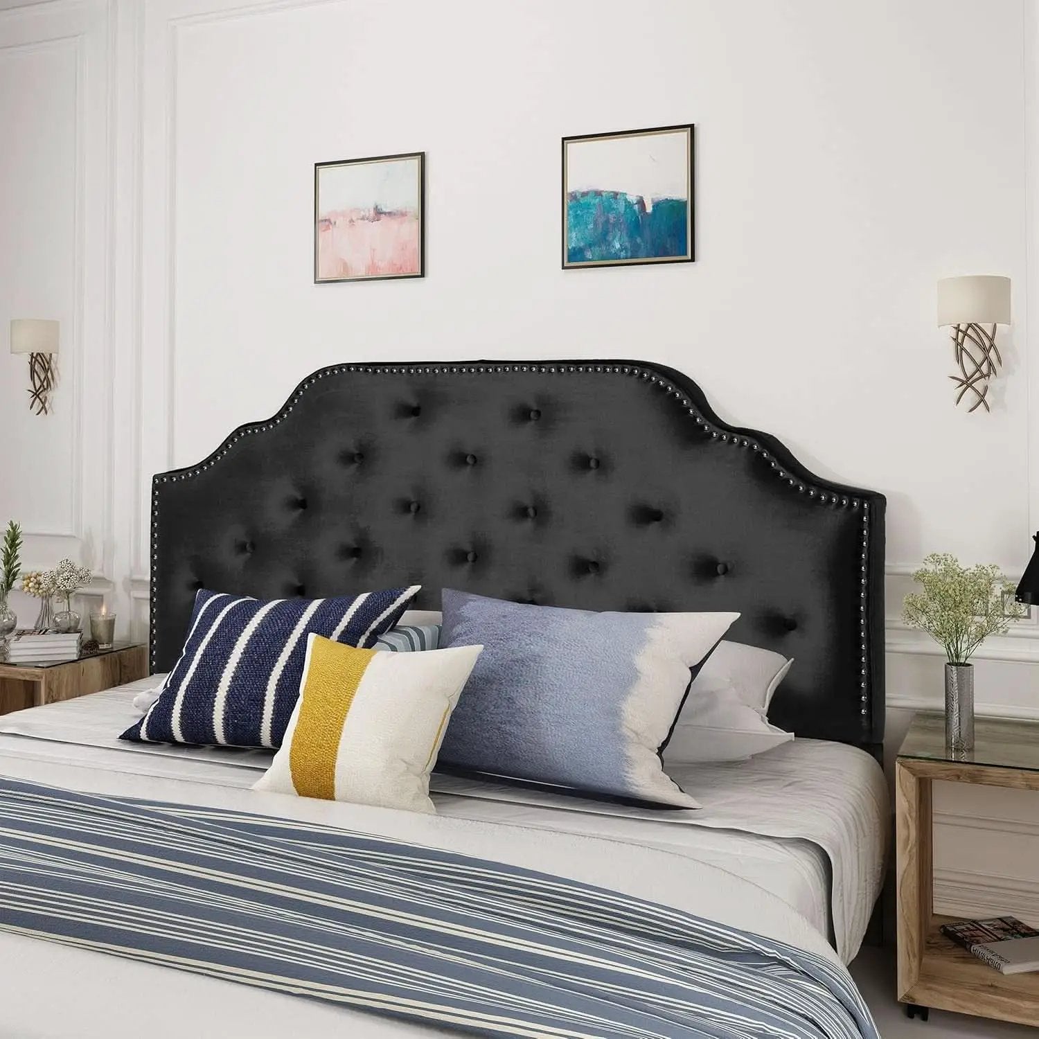 Contemporary Black Velvet Headboard with Button Tufted Design from PriceLows™