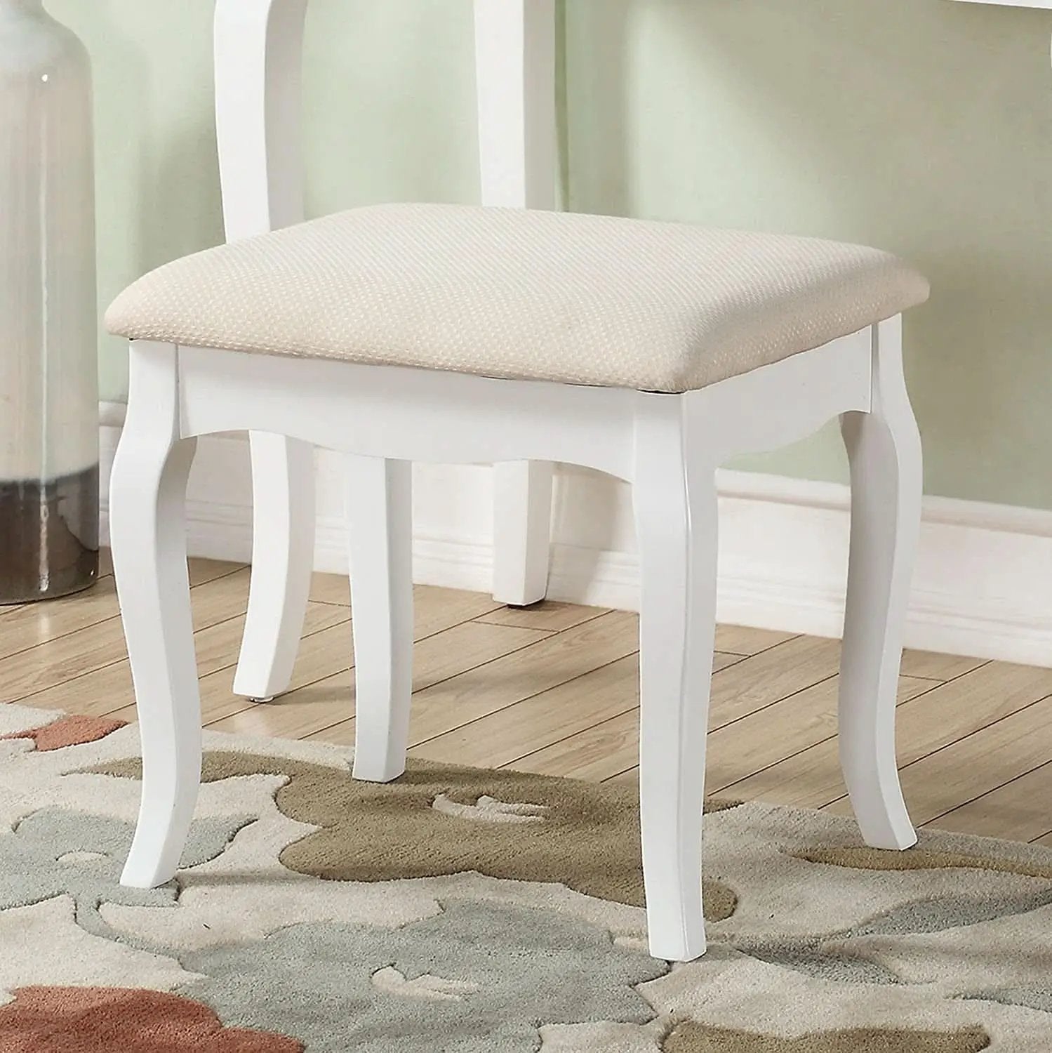 White Wood Makeup Vanity Set With Beige Upholstered Stool from PriceLows™