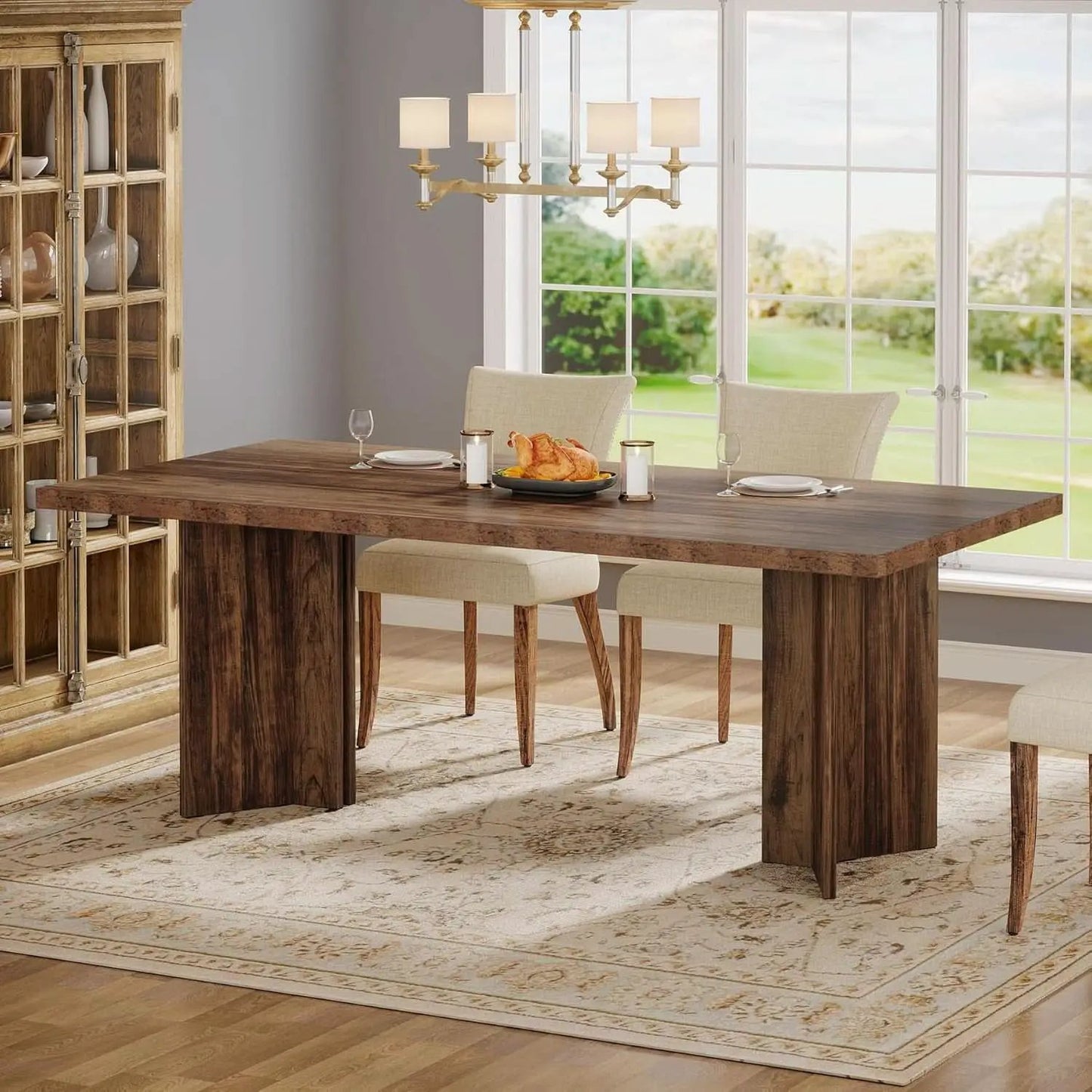 63 Inch Farmhouse Dining Table Vintage Brown Elegant from PriceLows™