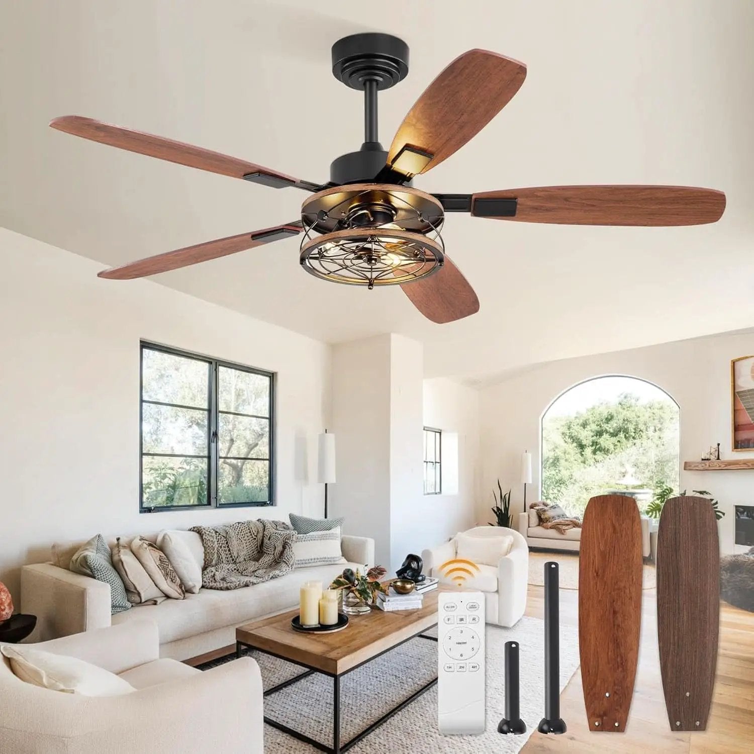 52 Inch Black Farmhouse Ceiling Fan With Light And Remote from PriceLows™
