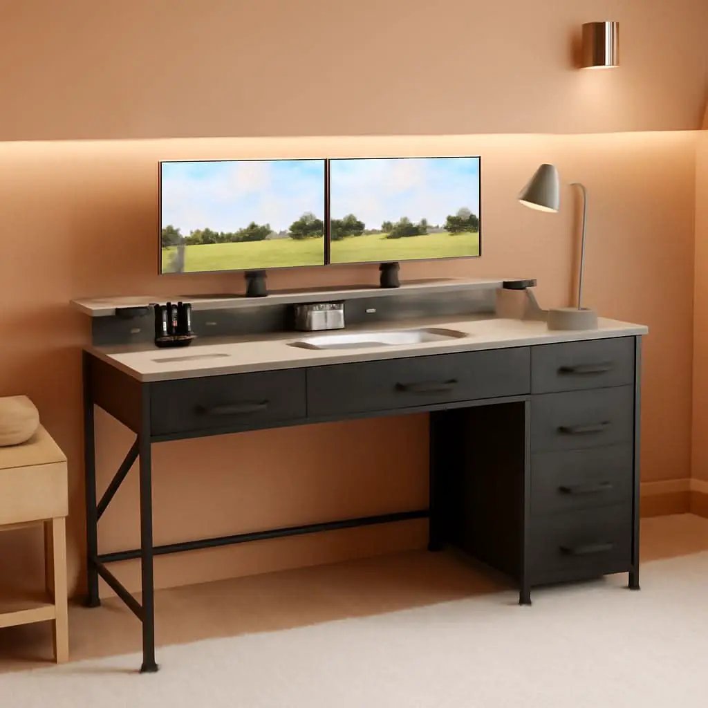 47 Inch Grey Gaming Desk With LED Lights And Drawers from PriceLows™