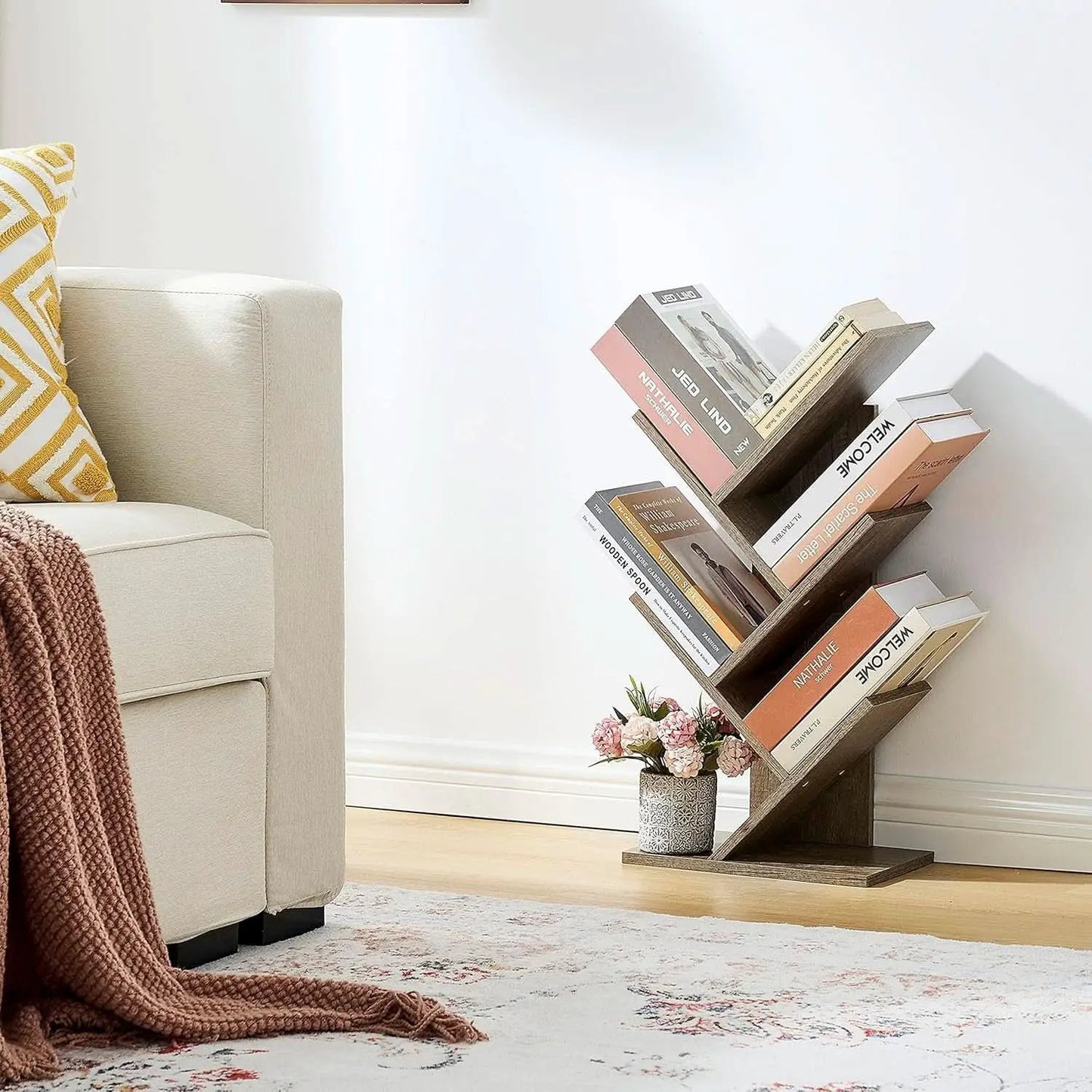 Greige 4 Tier Tree Bookshelf Modern Storage Bookcase from PriceLows™