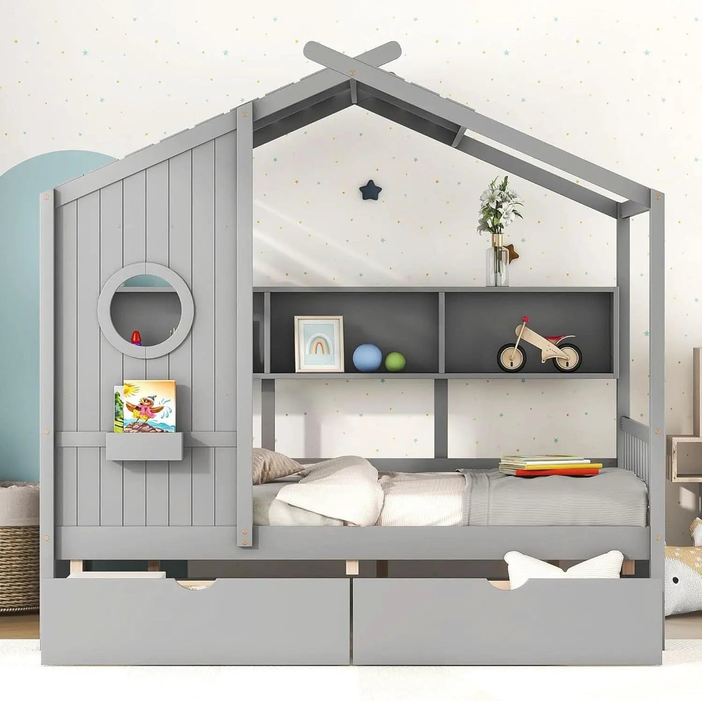 Kids Full Playhouse Bed With Drawers Shelves Storage from PriceLows™