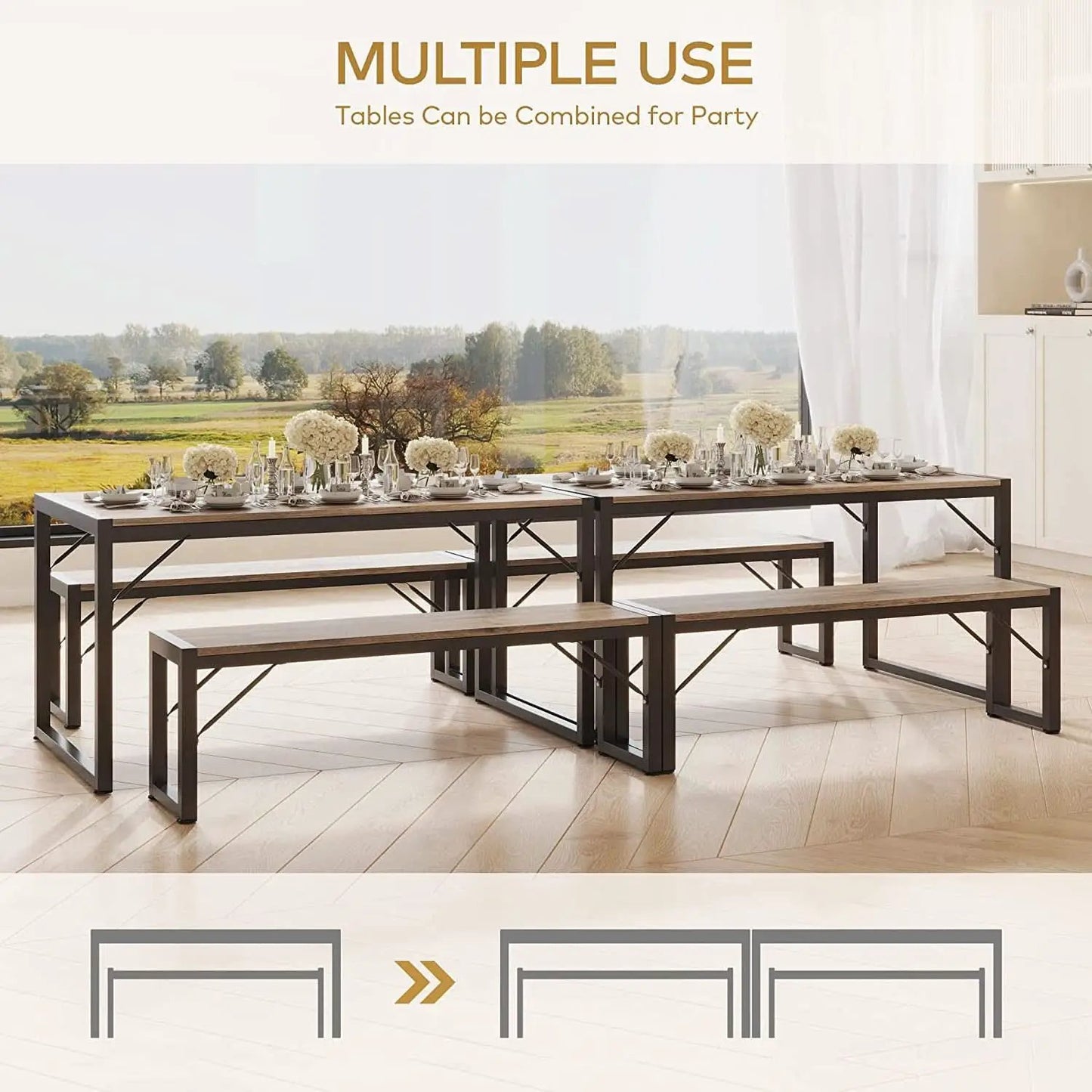 Dining Table Set For 4 With 2 Benches Gray Finish Modern from PriceLows™
