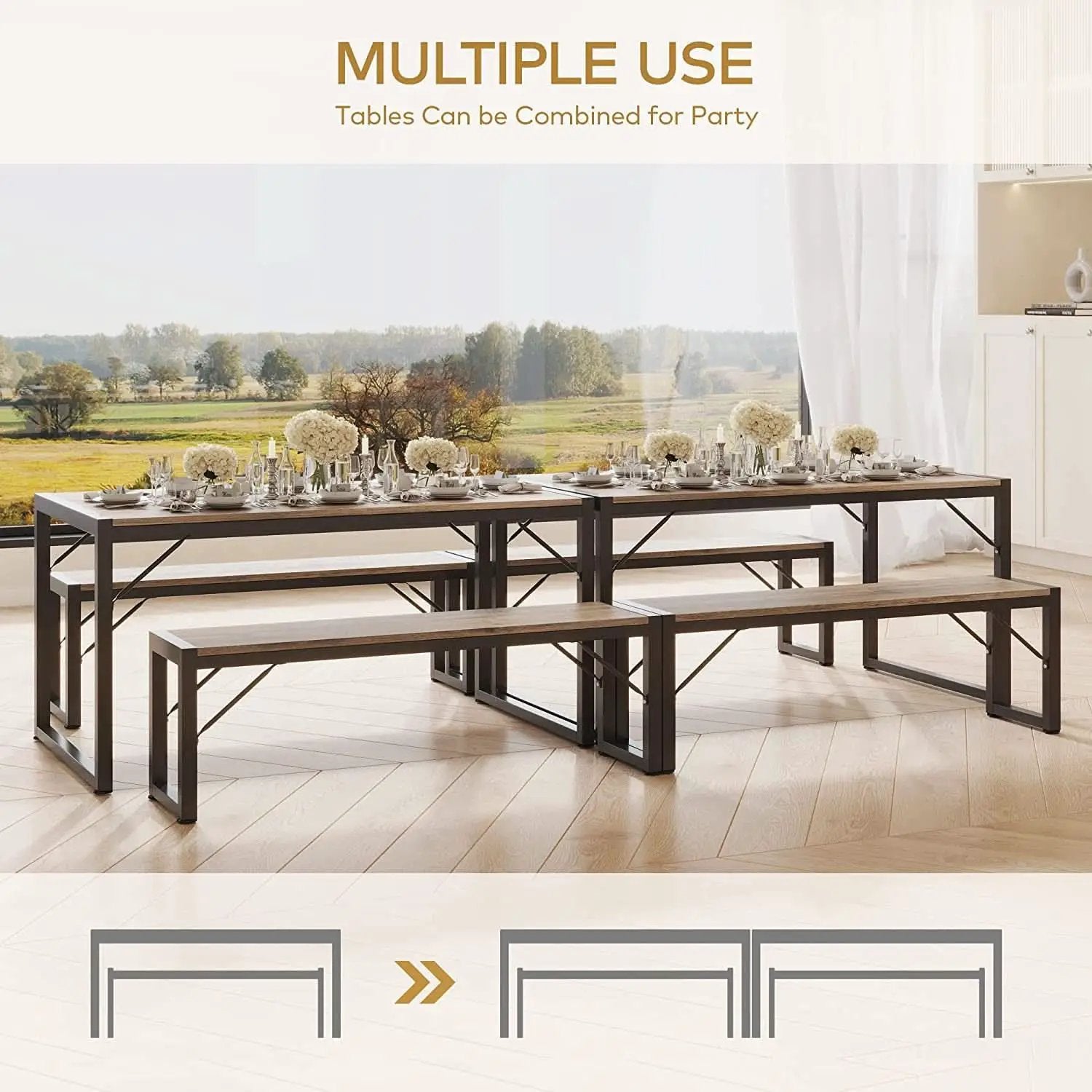 Dining Table Set For 4 With 2 Benches Gray Finish Modern from PriceLows™
