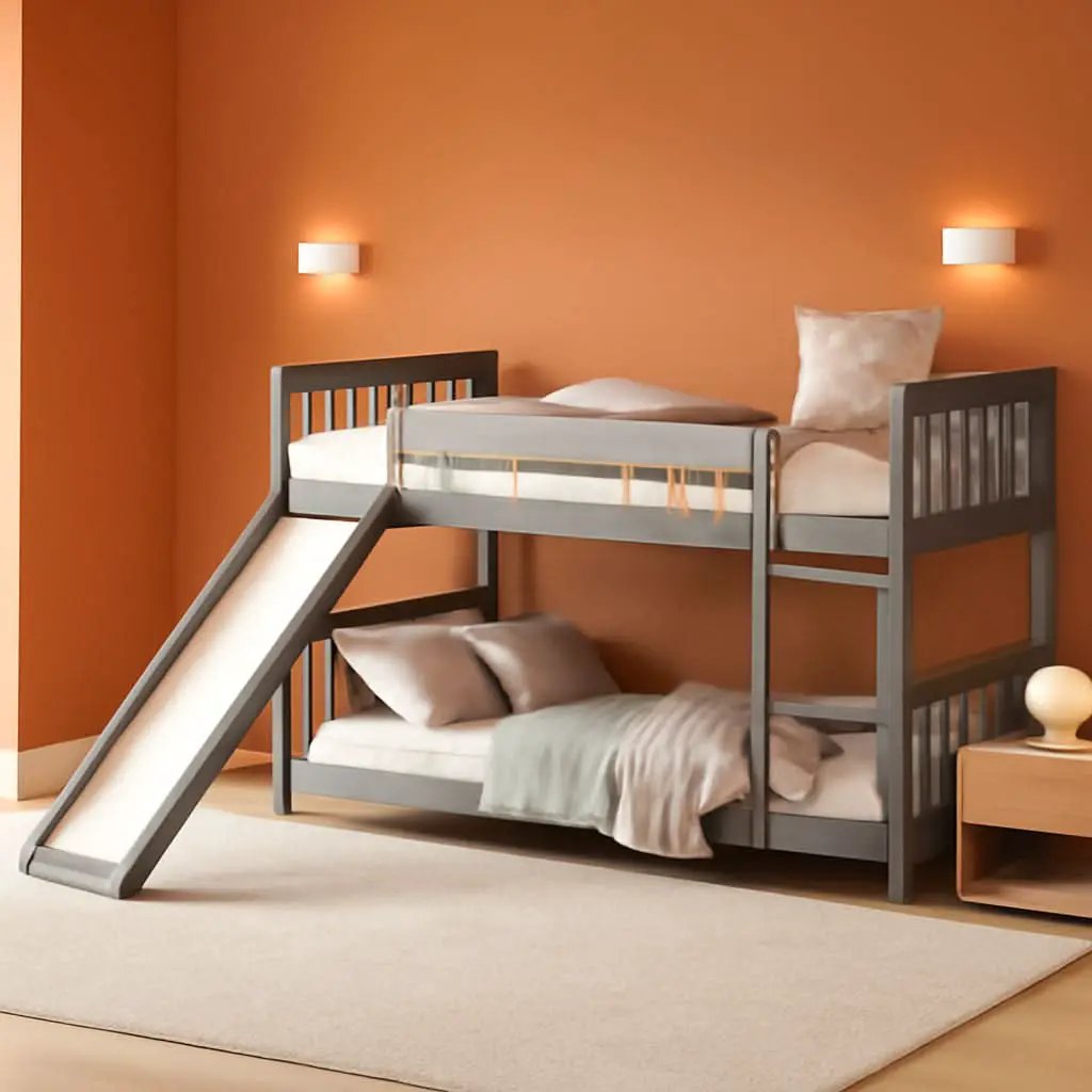 Twin Over Twin Bunk Bed With Slide In Gray For Kids from PriceLows™