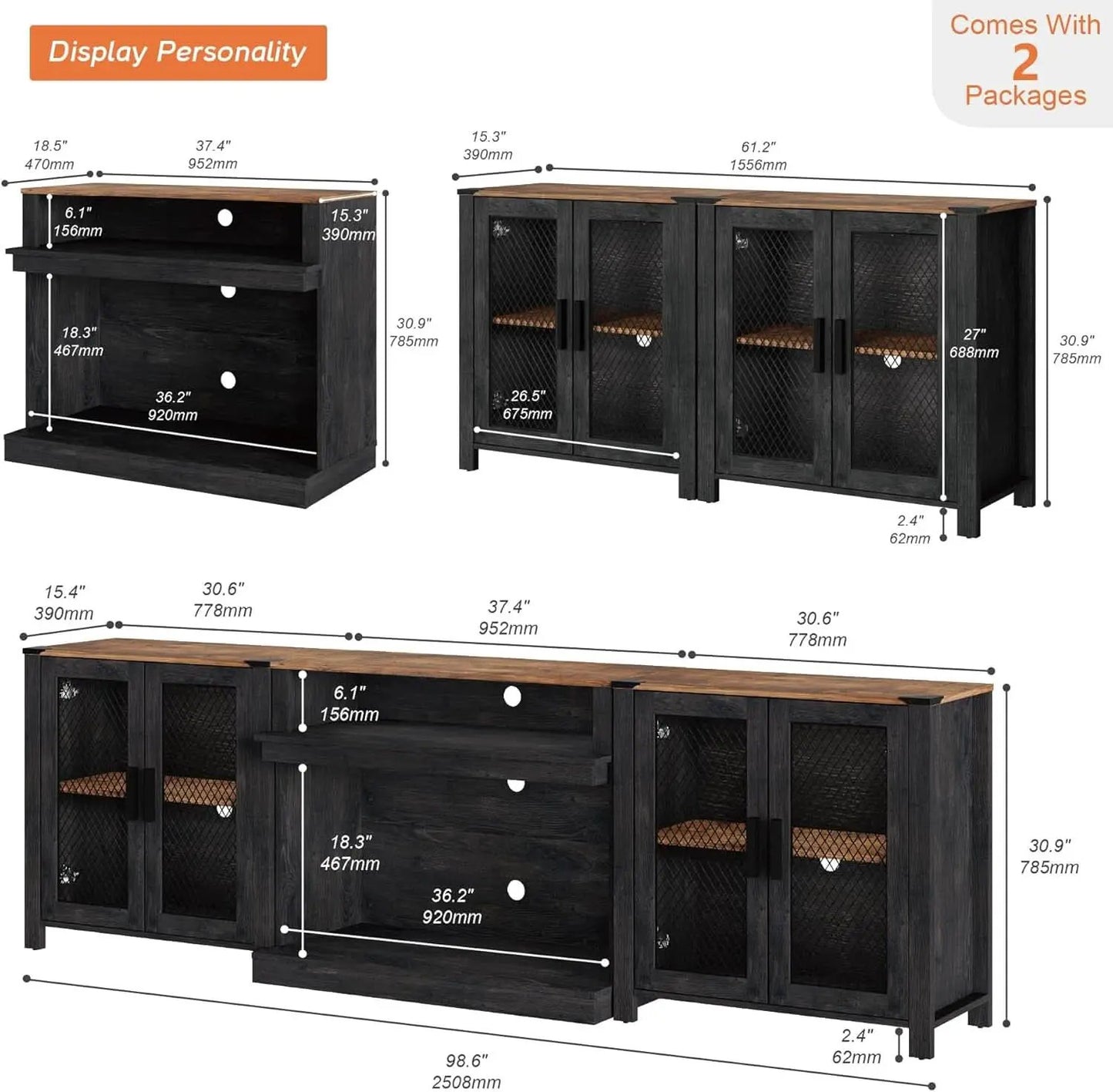 Two In One 100 Inch TV Stand Farmhouse Entertainment Center Dark Walnut And Black from PriceLows™