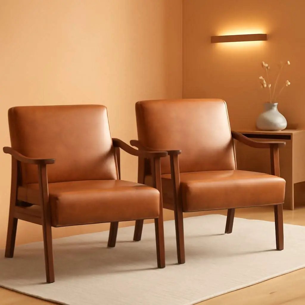 Brown PU Leather Accent Chairs Set of 2 Mid Century Modern from PriceLows™