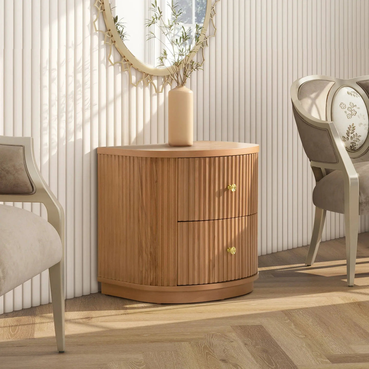 Valentine 2 Drawer Side Table | American Beech Wood | Half-Moon Shape | Fluted Carved Details