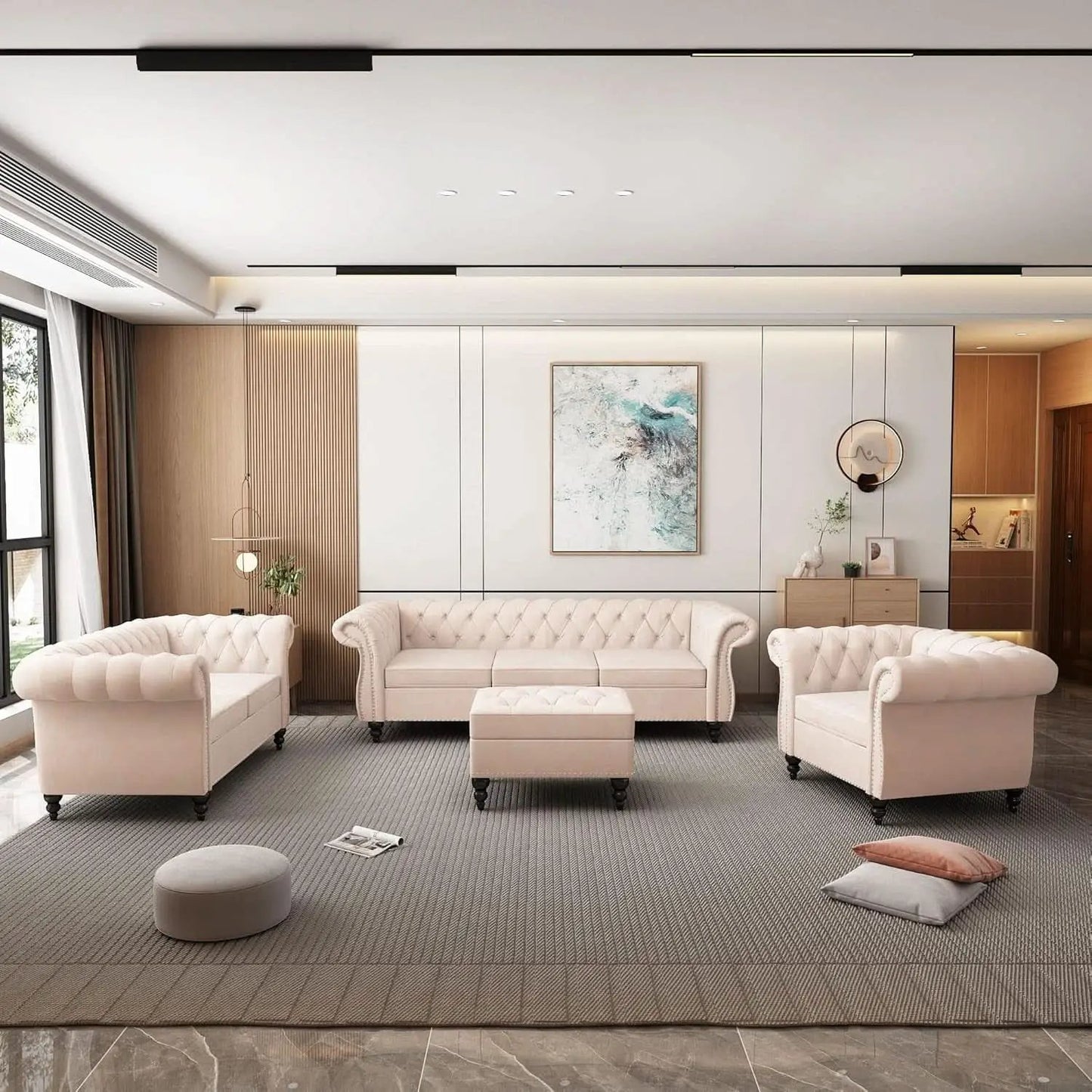 Beige Velvet Sectional Sofa Set With Button Tufting from PriceLows™