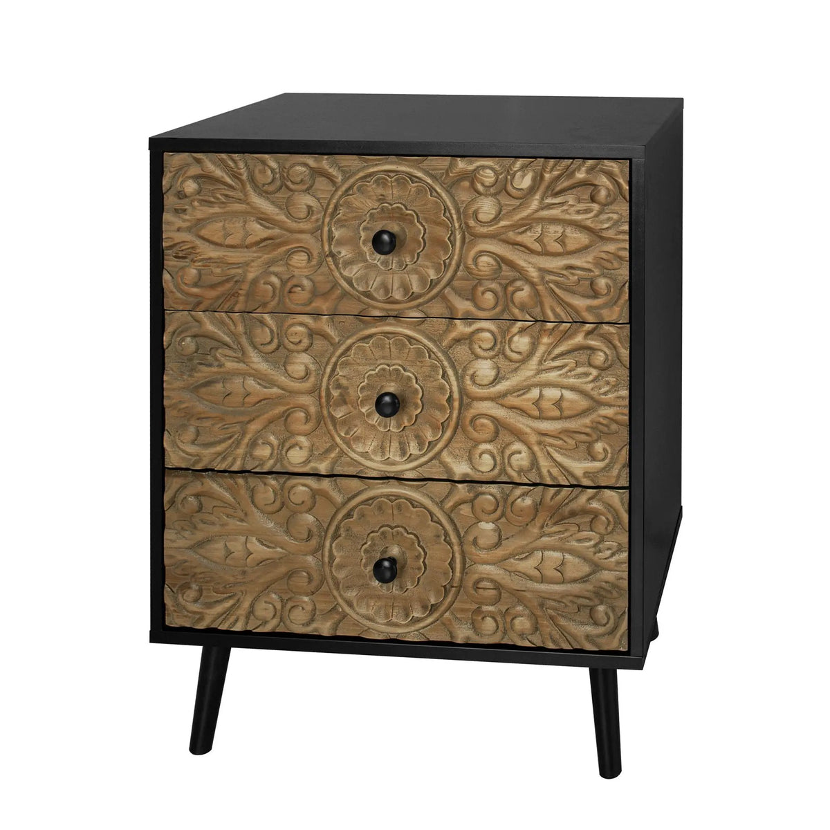 3 Drawer Nightstand | Solid Wood Panel | Hand Carved Relief | Black