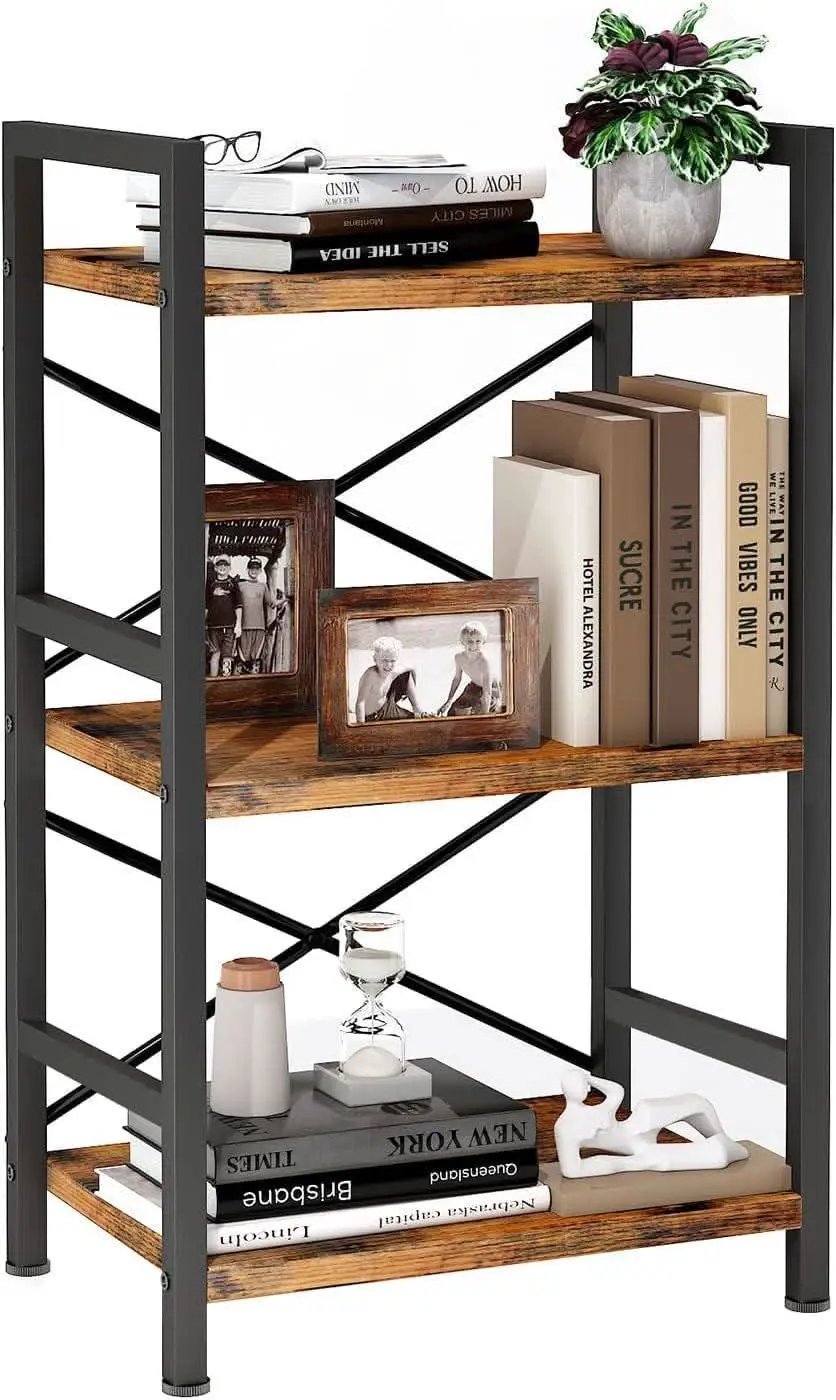 Rustic Brown 3 Tier Metal Bookshelf For Living Room from PriceLows™
