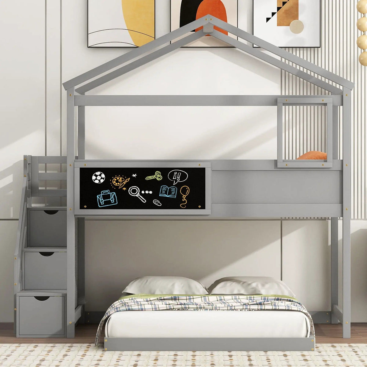 House Style Bunk Bed With Storage Staircase And board | 2 Pieces | Pine Wood | Bedroom