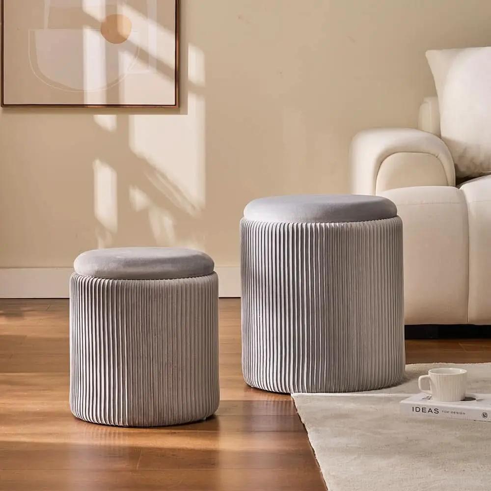 Round Velvet Storage Ottoman Collection Light Grey from PriceLows™