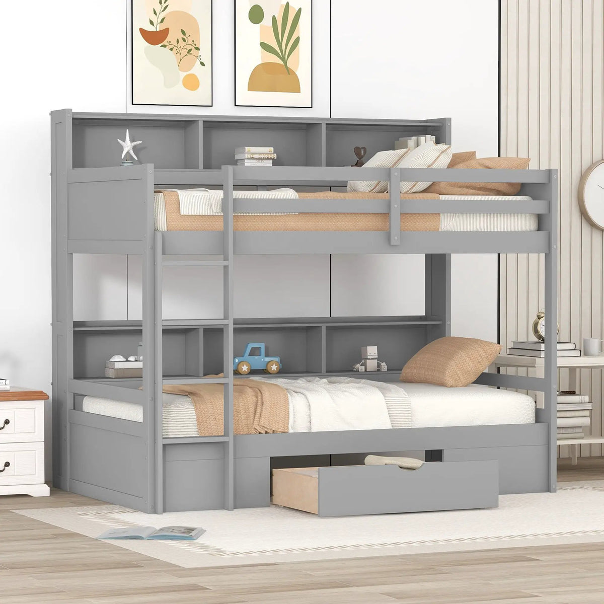 Wooden Twin Bunk Bed | Built-In Shelves | Storage Drawer