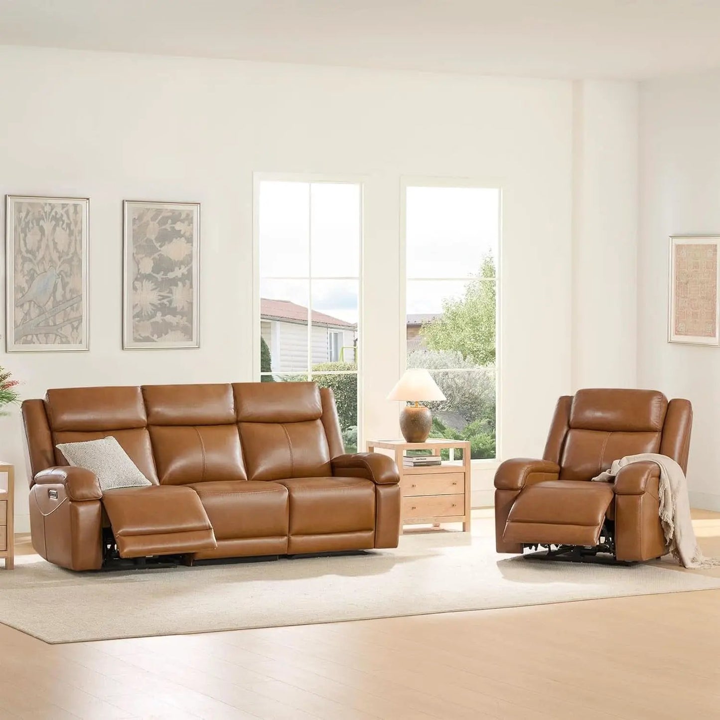 Genuine Leather Power Recliner Sofa 3 Seater USB Ports from PriceLows™
