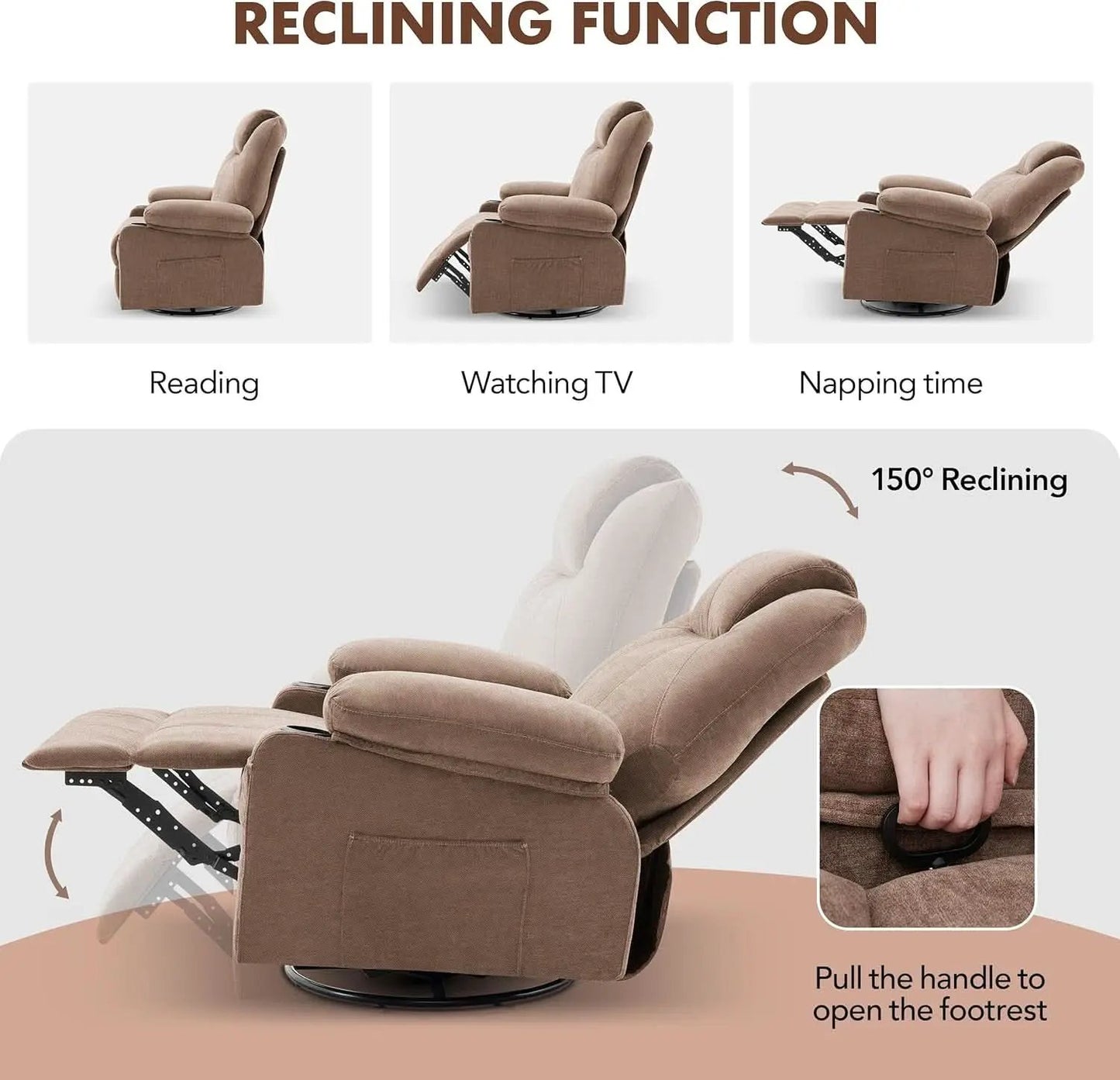 Oversized Swivel Rocker Recliner Chair With Heat Massage USB Port Brown Fabric from PriceLows™