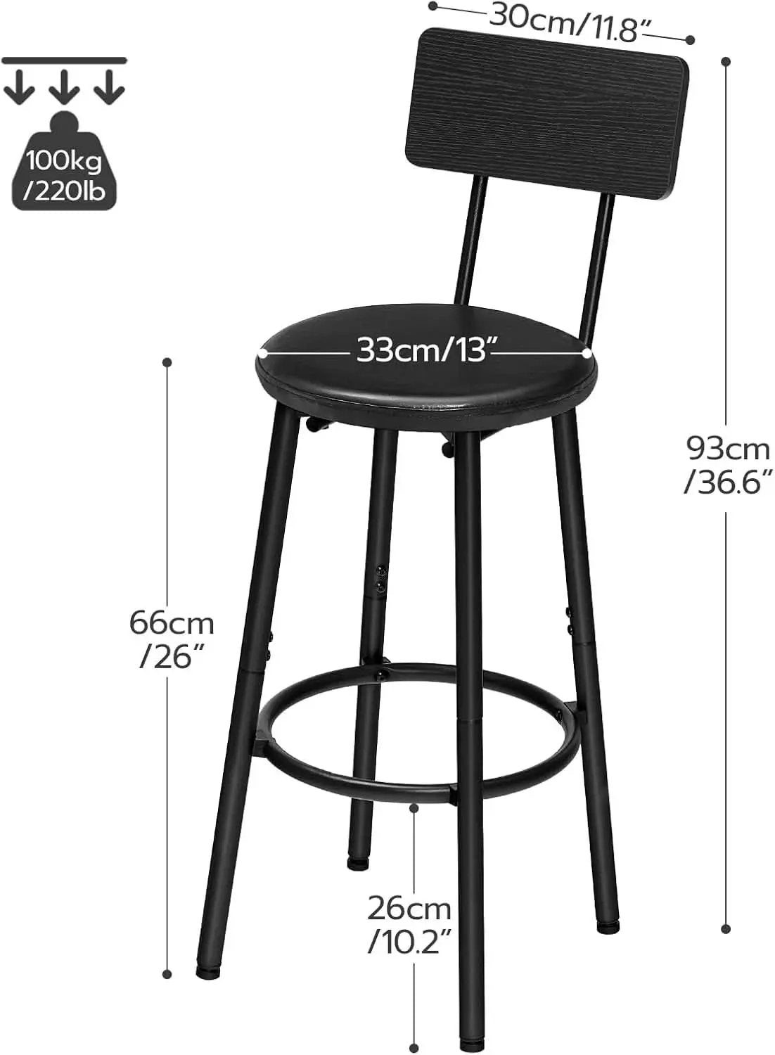 26 Inch Black PU Upholstered Bar Stools Set Of 2 With Back And Footrest from PriceLows™