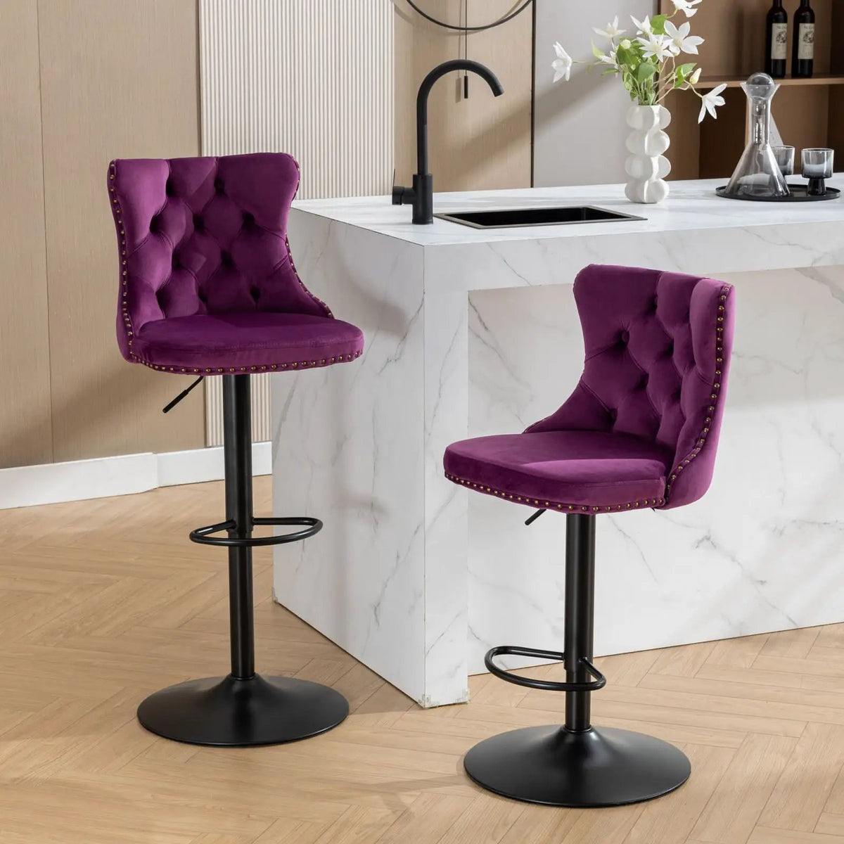 Swivel Barstools | Adjustable Height | Tufted Back With Nailheads | Set of 2