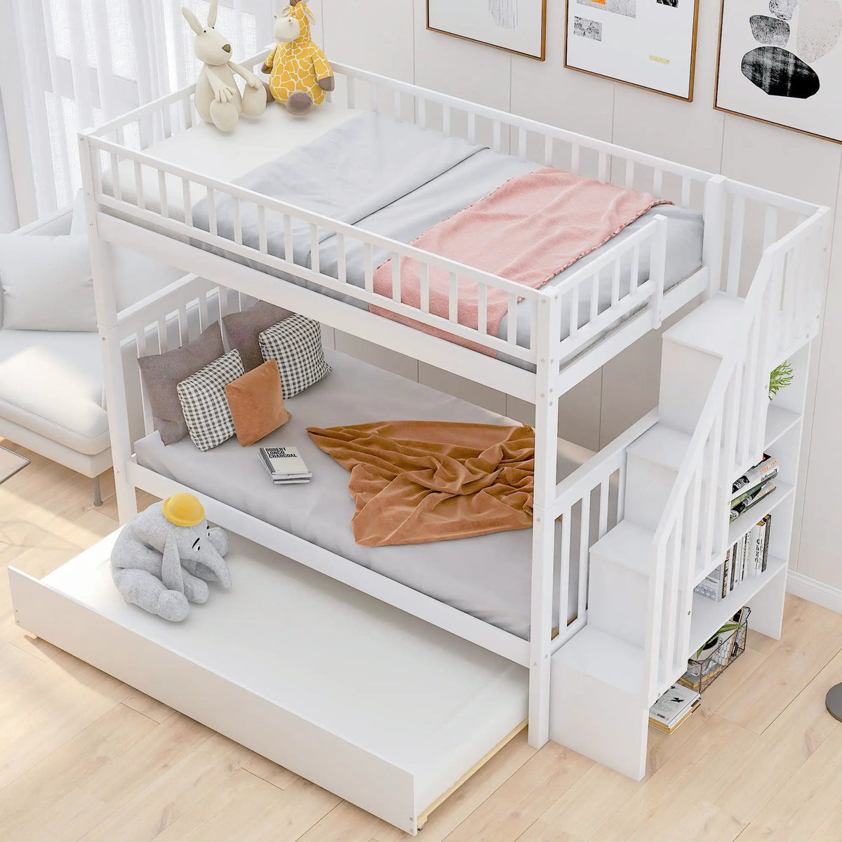 Twin Over Full Bunk Bed | Built In Staircase | Steel Frame