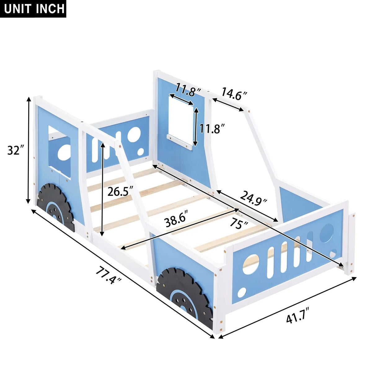 Car Shaped Platform Bed | Solid Pine Wood | Decorative Wheels